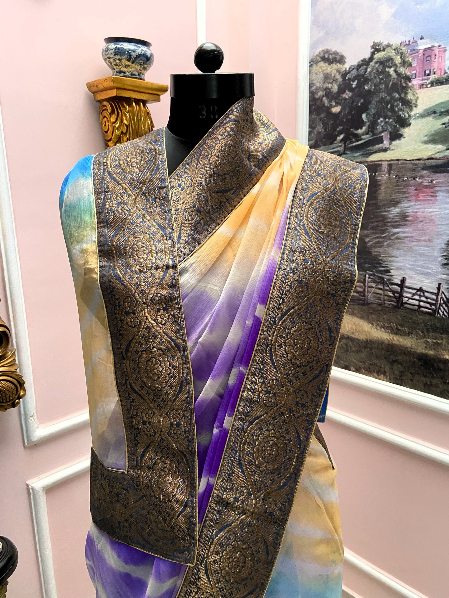 Purple yellow multicolor lehariya antique border saree