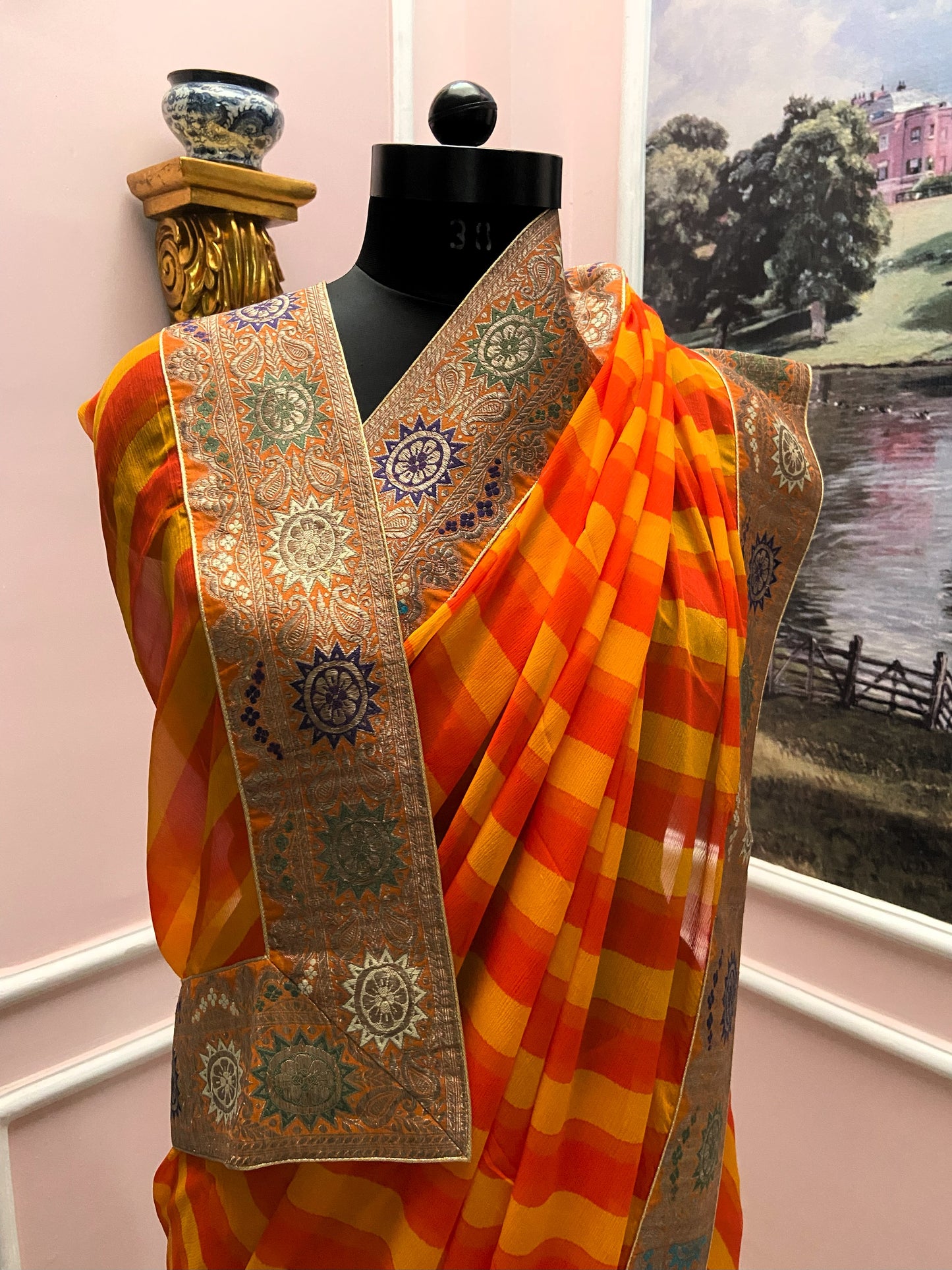 Orange yellow multicolor lehariya antique border saree