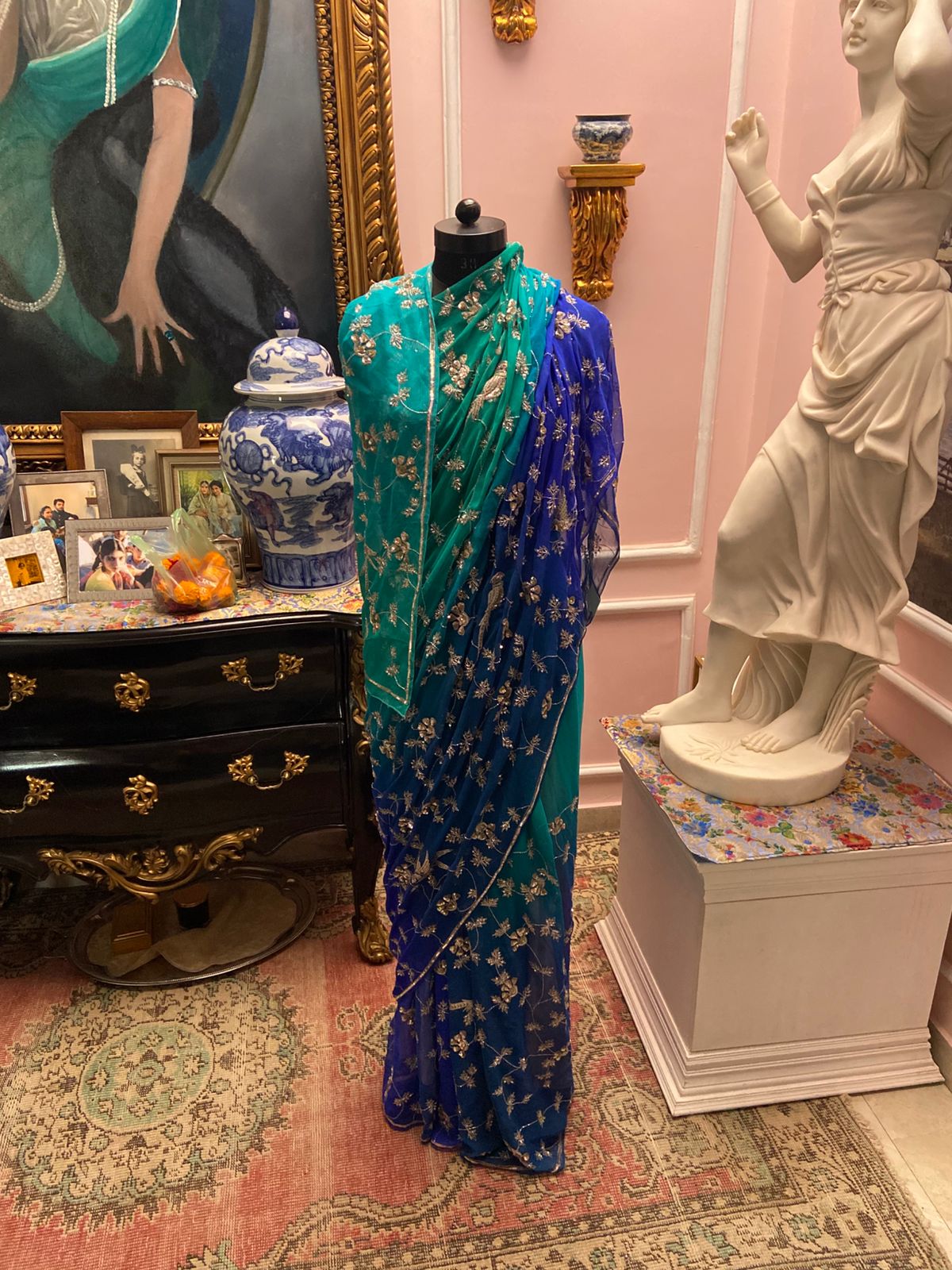 Four tone firozi shaded chiffon saree with sequin jaal all-over