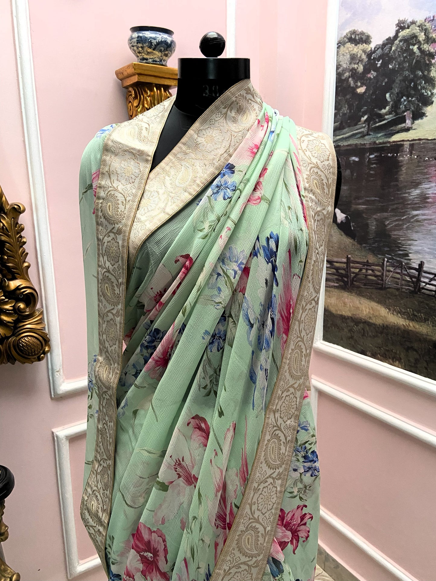 Green printed French chiffon antique border saree