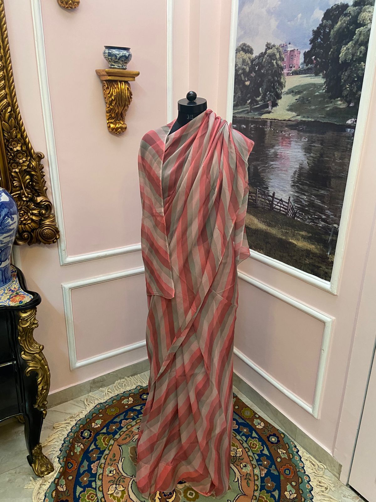 Pink beige multicolor French Chiffon Lehariya Saree