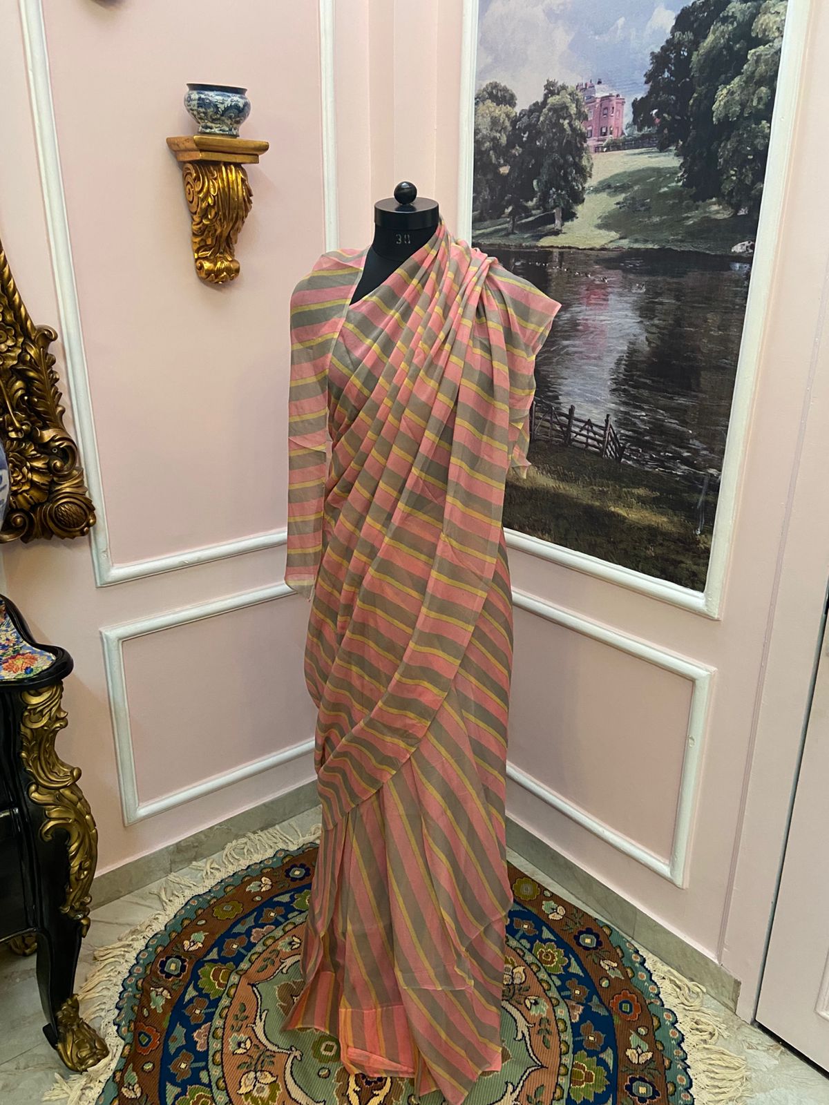 Pink grey multicolor French Chiffon Lehariya Saree