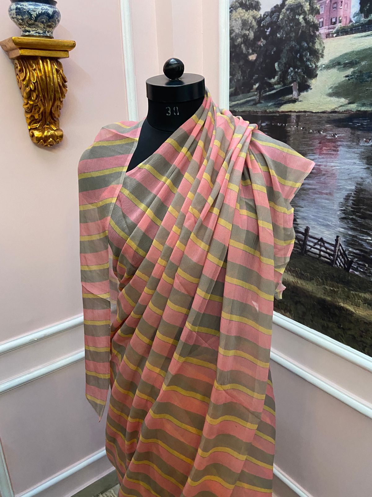 Pink grey multicolor French Chiffon Lehariya Saree