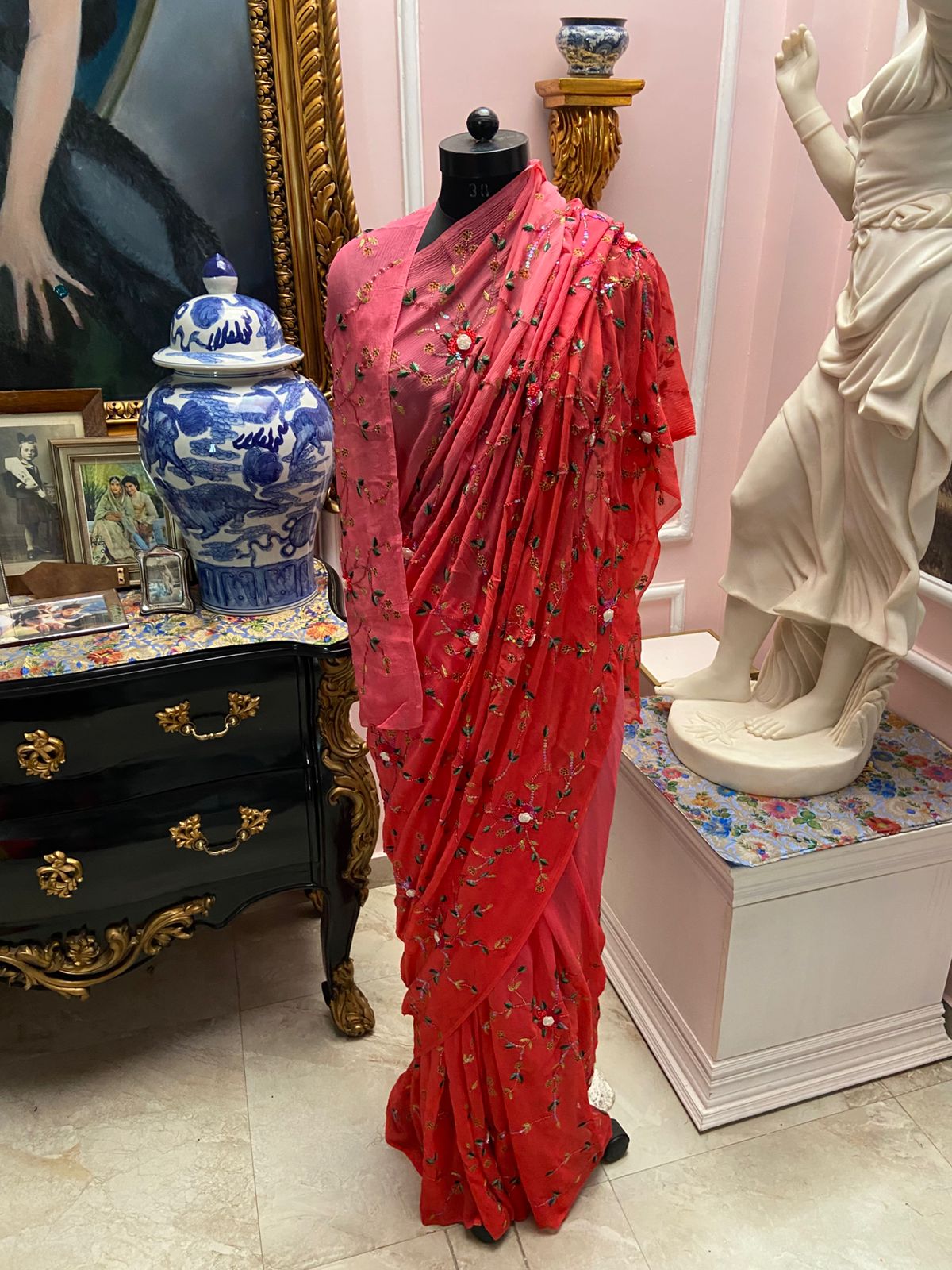 Gajri ombre shaded chiffon saree with 3D rosette & aari jaal all over