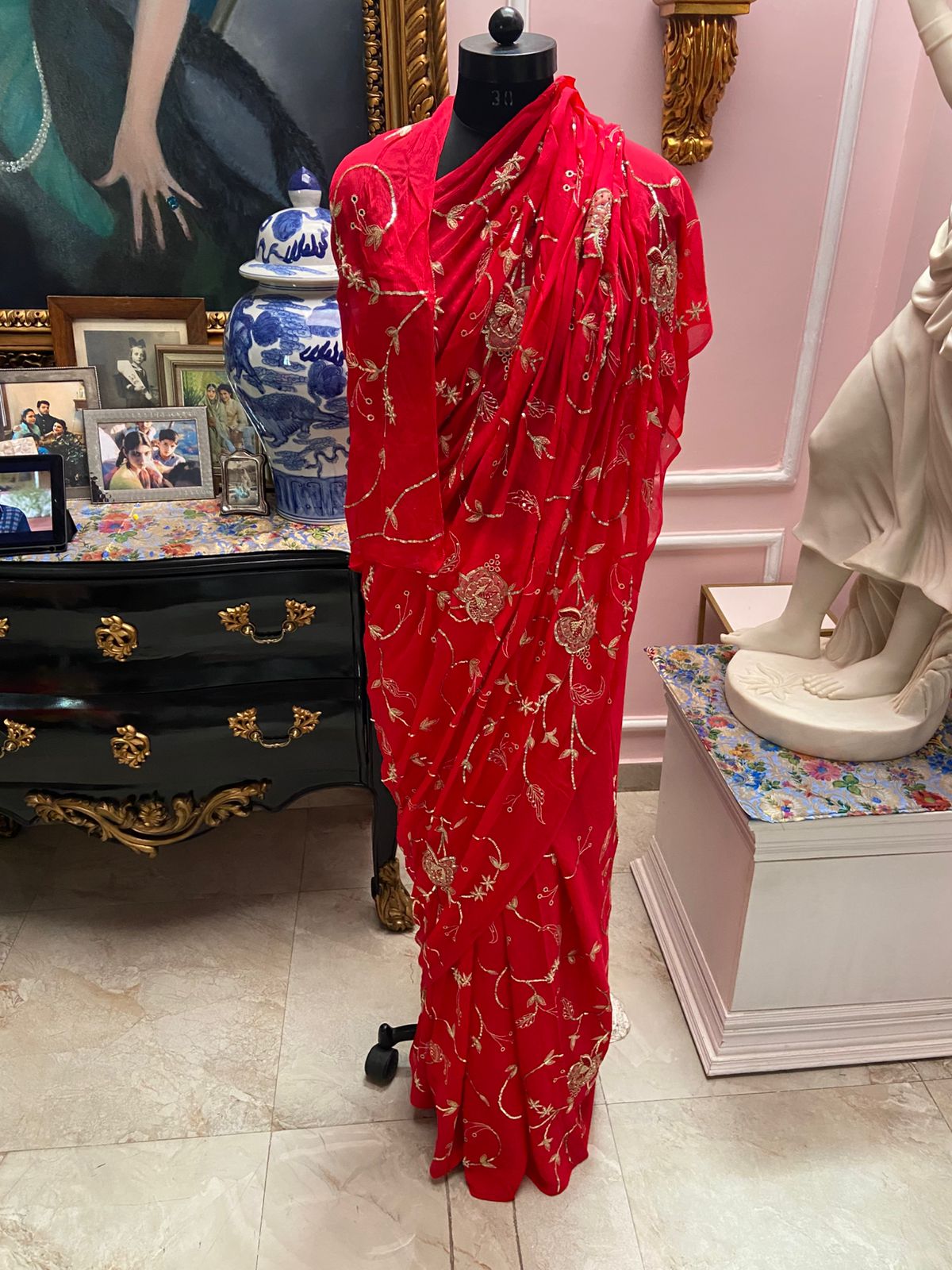 Single tone Red chiffon saree with jaal all-over