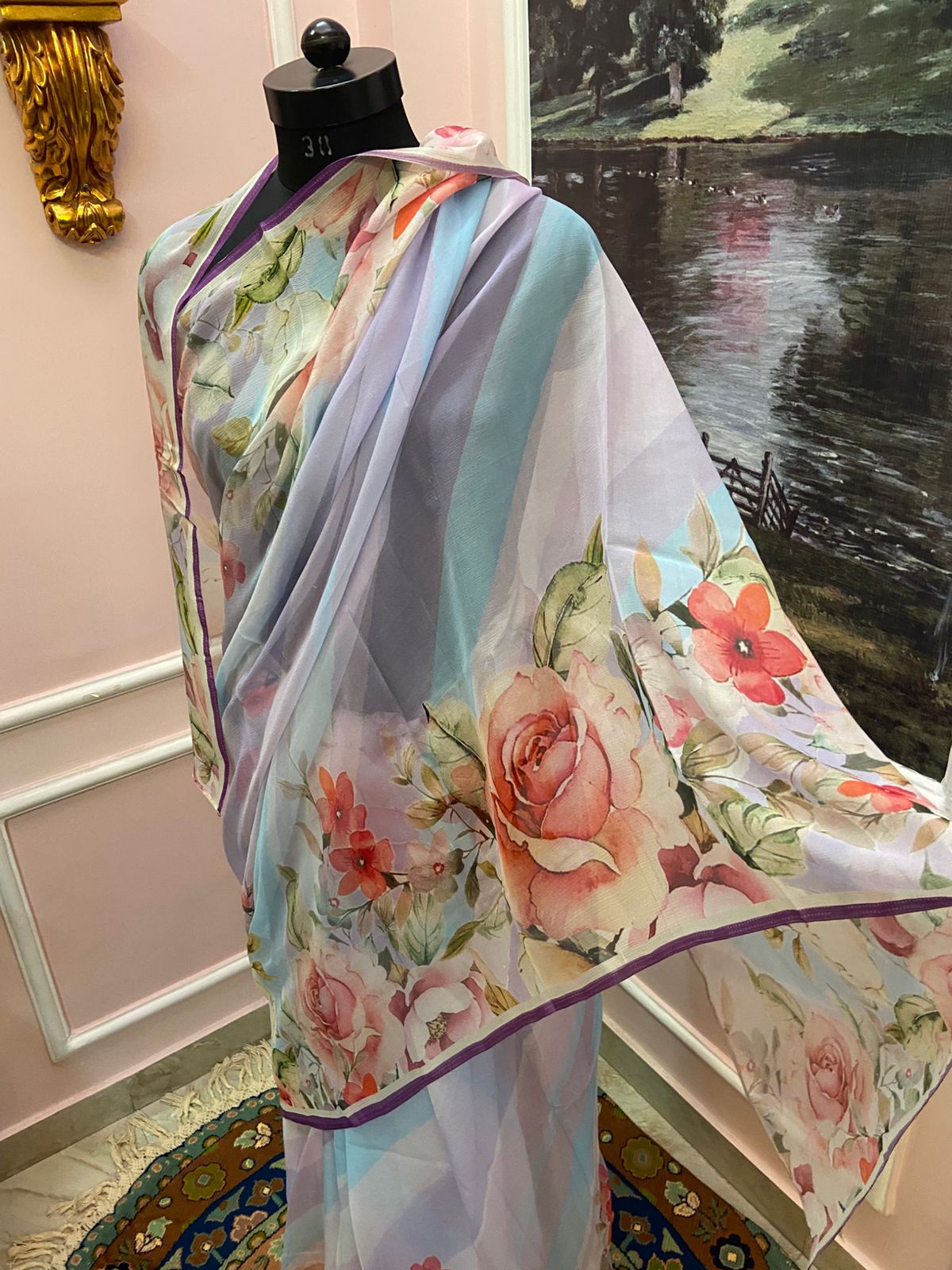 Multicolor Floral Printed French Chiffon Lehariya Saree