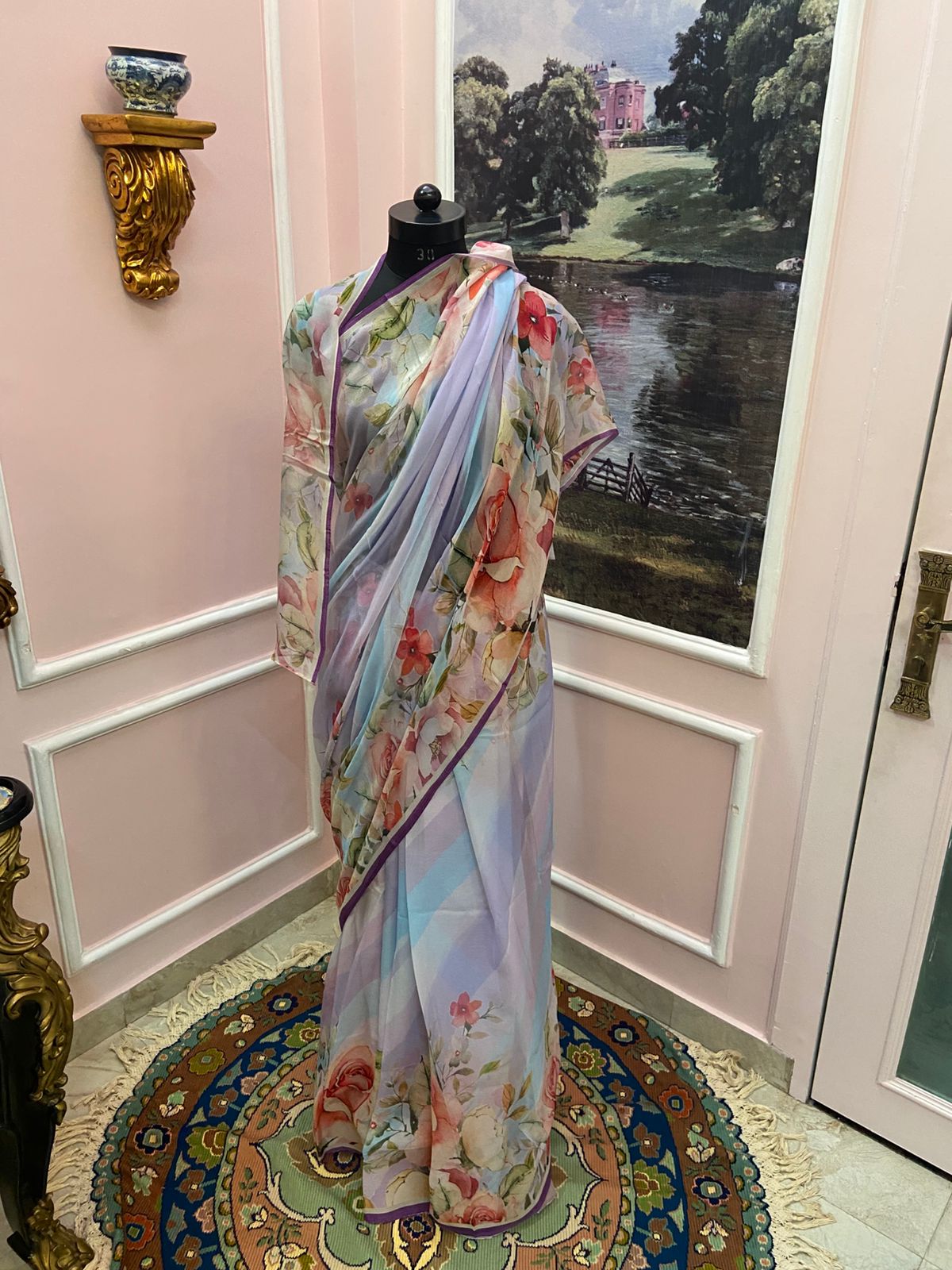 Multicolor Floral Printed French Chiffon Lehariya Saree