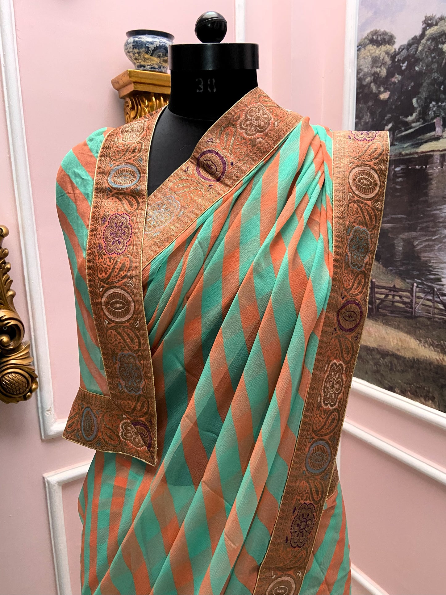 Green orange lehariya antique border saree