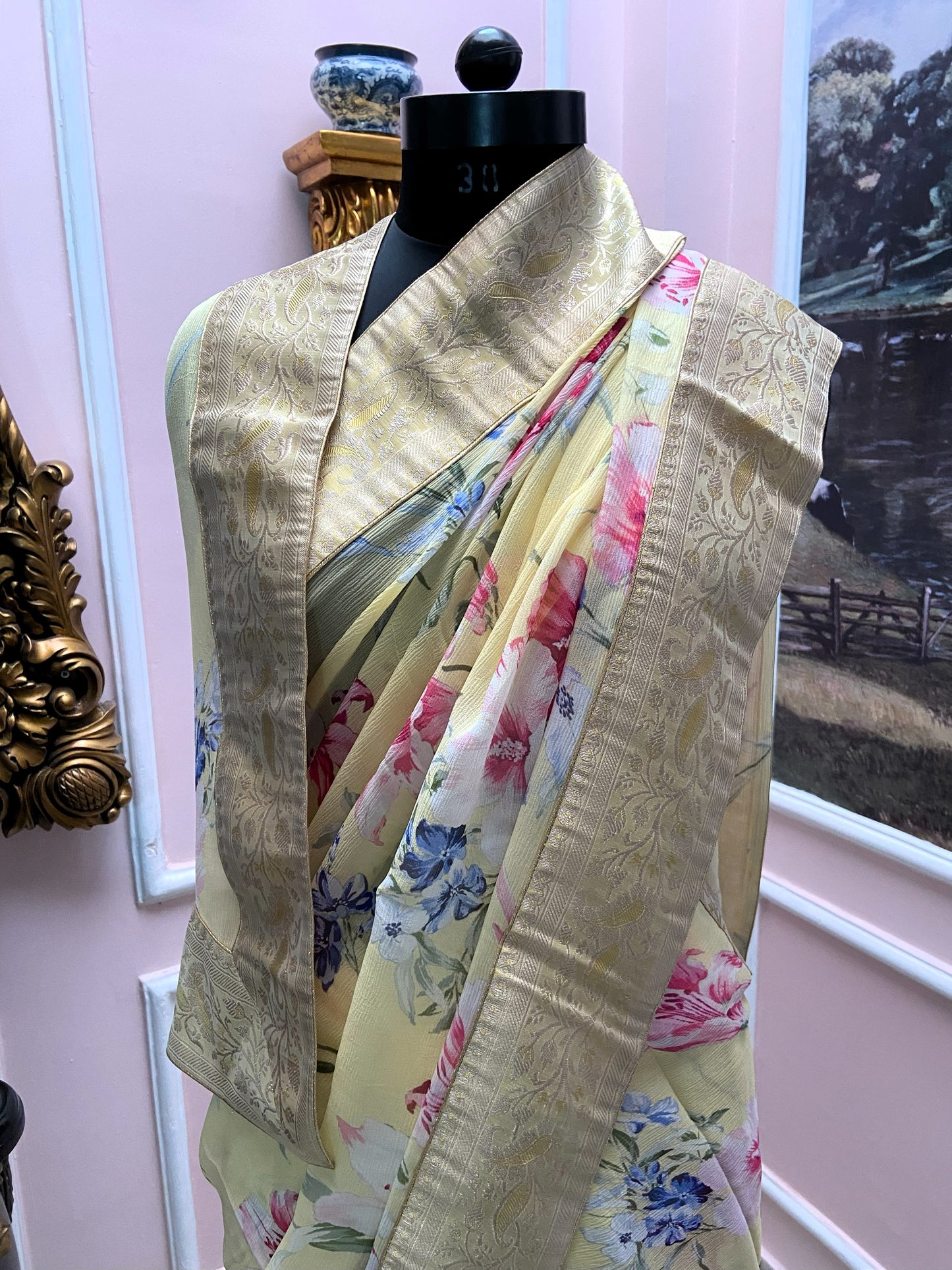 Yellow printed french chiffon antique border saree