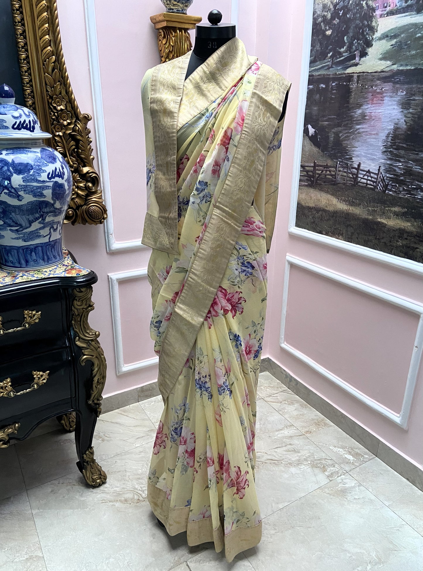Yellow printed french chiffon antique border saree