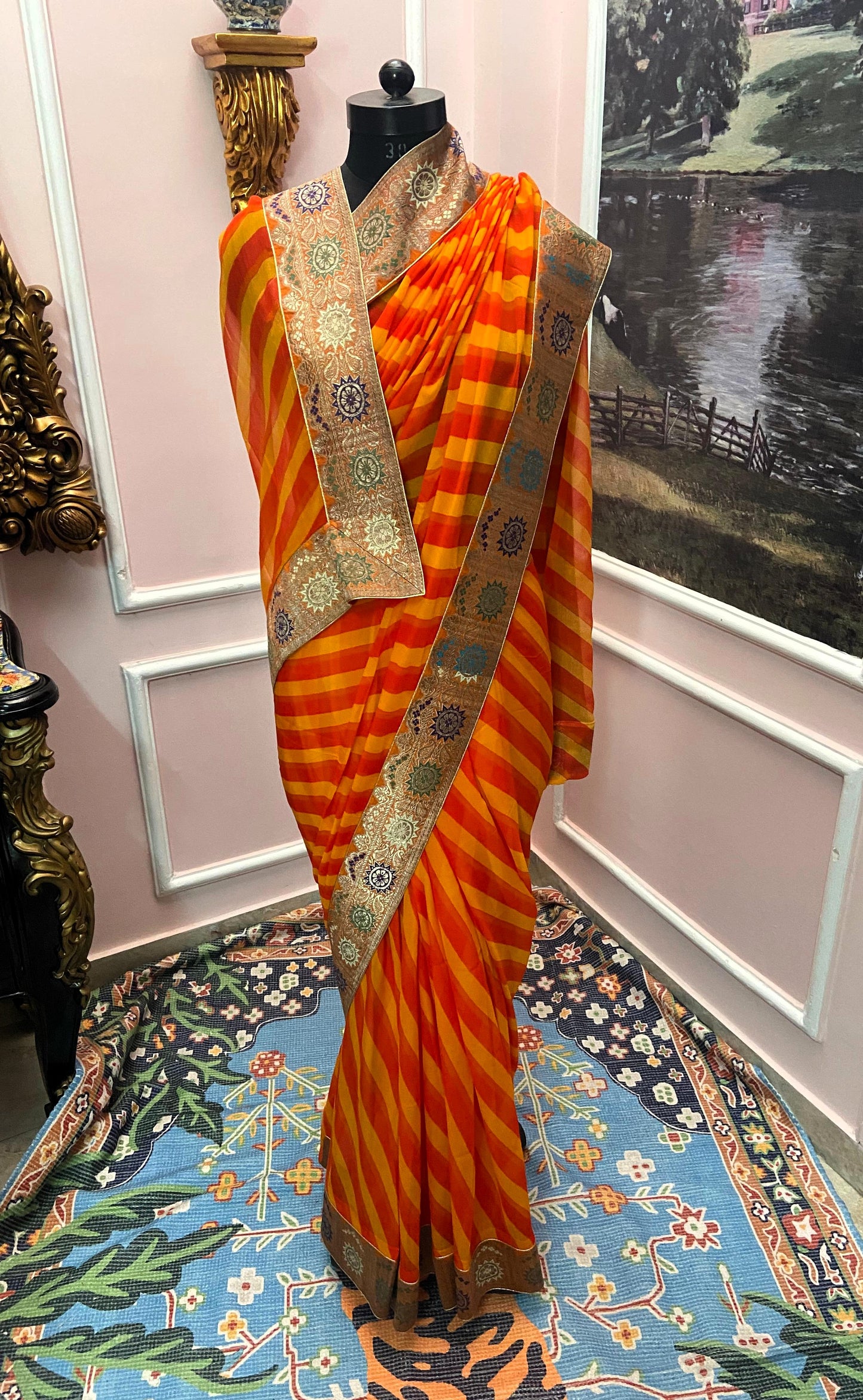 Red yellow antique border saree