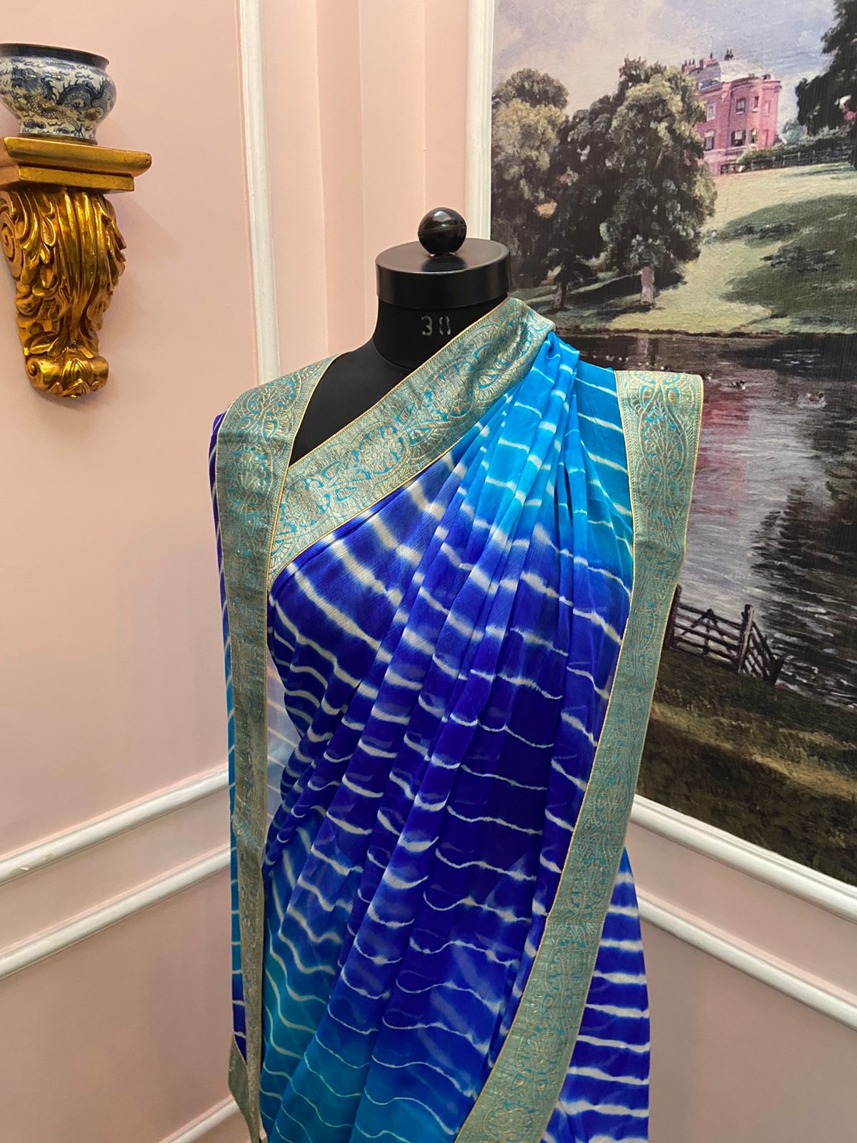 Blue leheriya antique border Chiffon saree