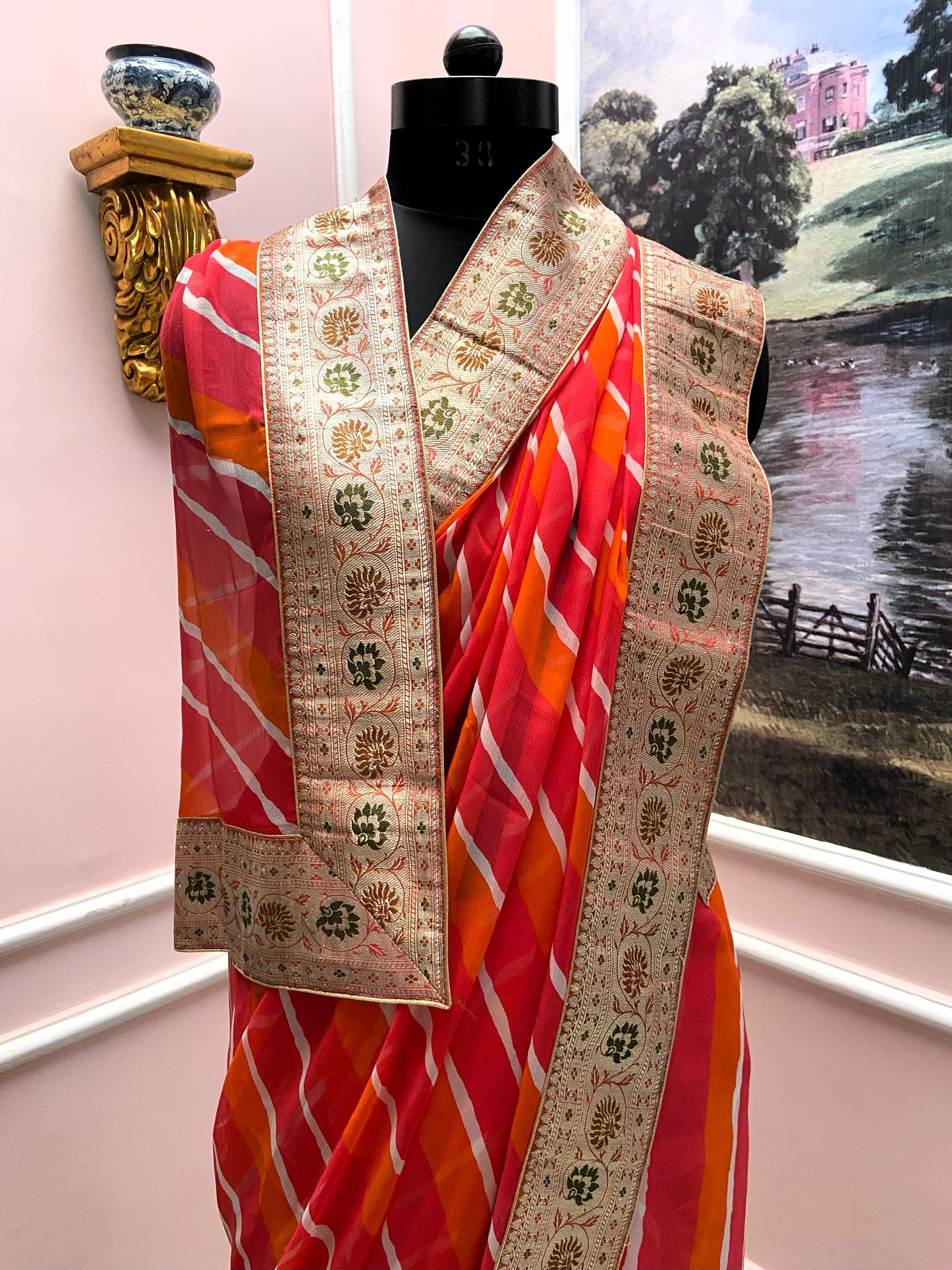 Orange Red Lehariya antique border saree