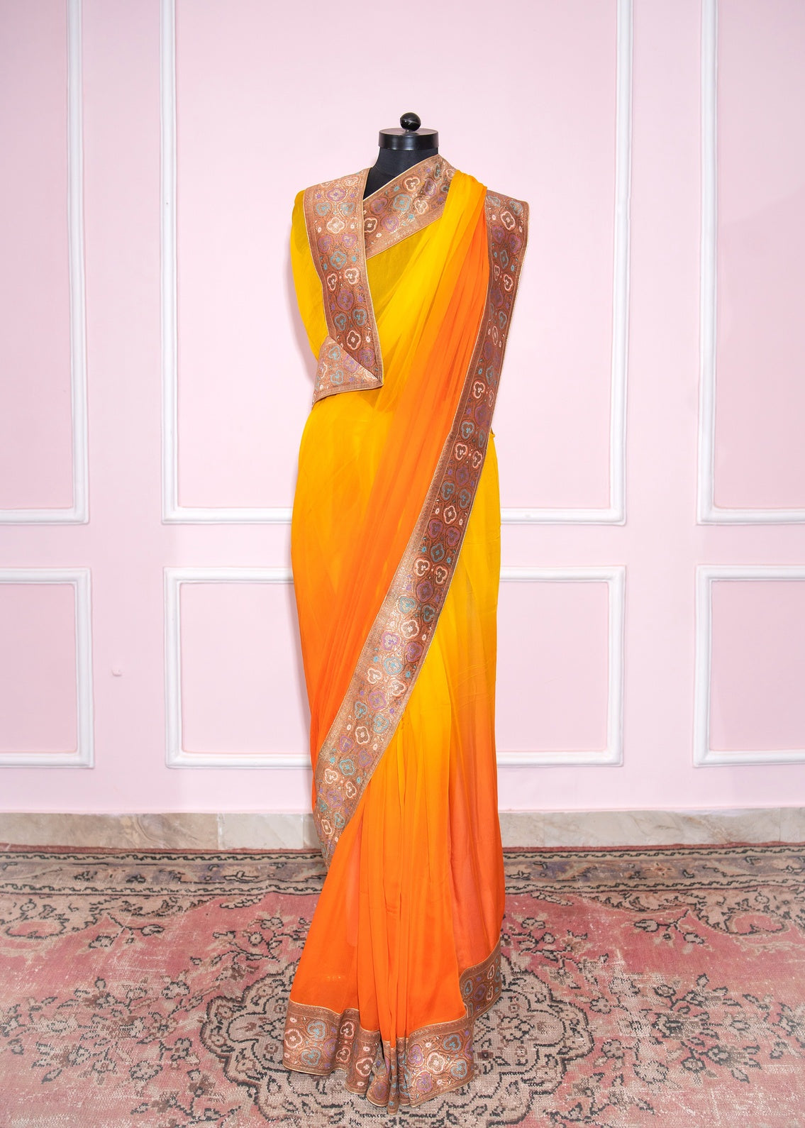 Yellow to orange ombre antique border saree