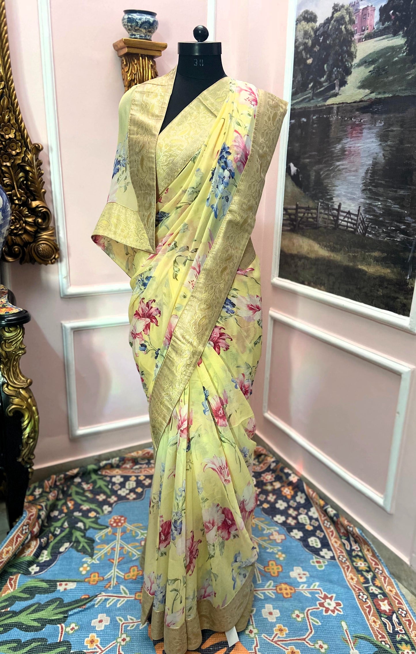 Yellow french chiffon printed antique border saree