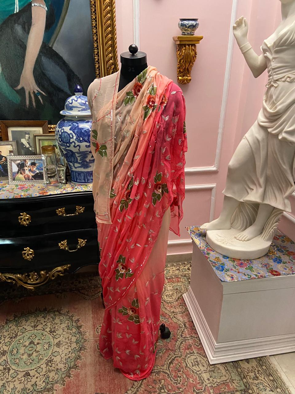 Peach to Pink ombre shaded chiffon saree with jaal all-over