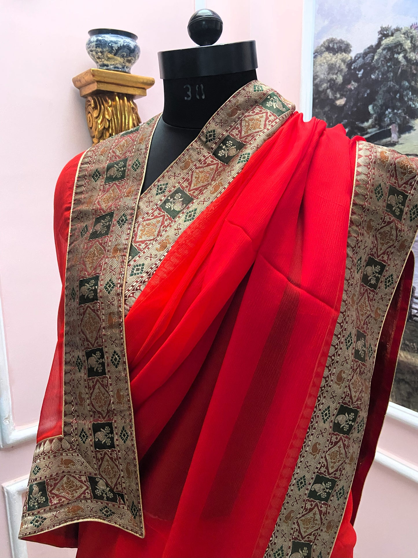 Red antique border saree