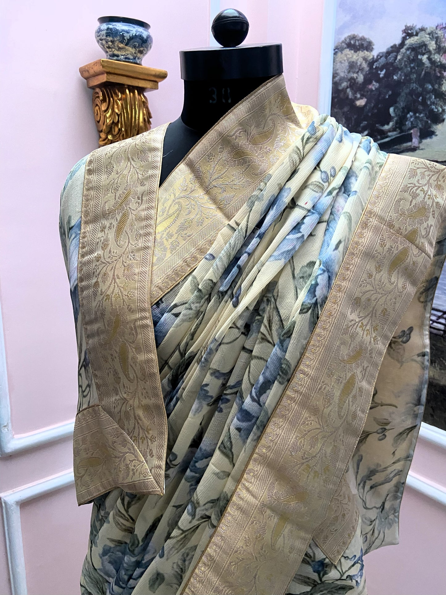 Lime yellow printed french chiffon antique border saree