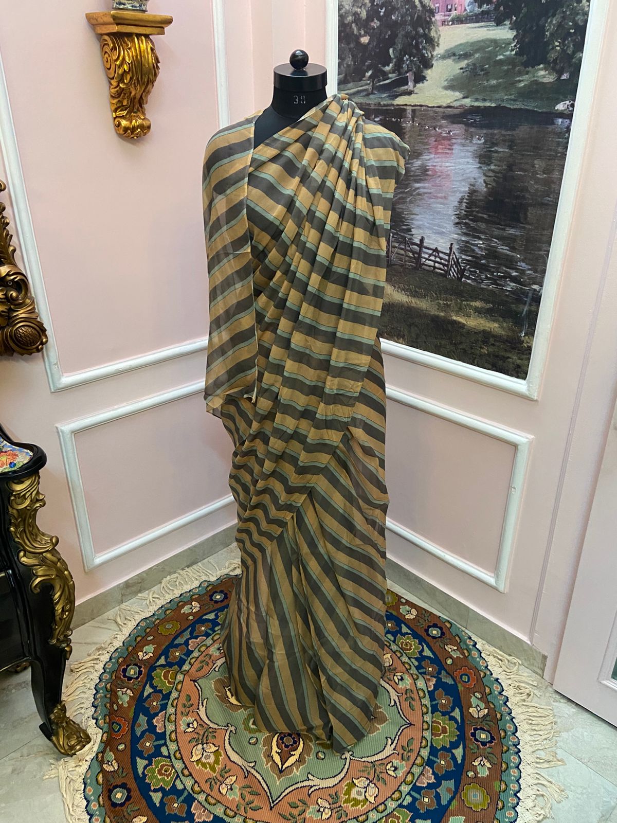 Yellow multicolor French Chiffon Lehariya Saree