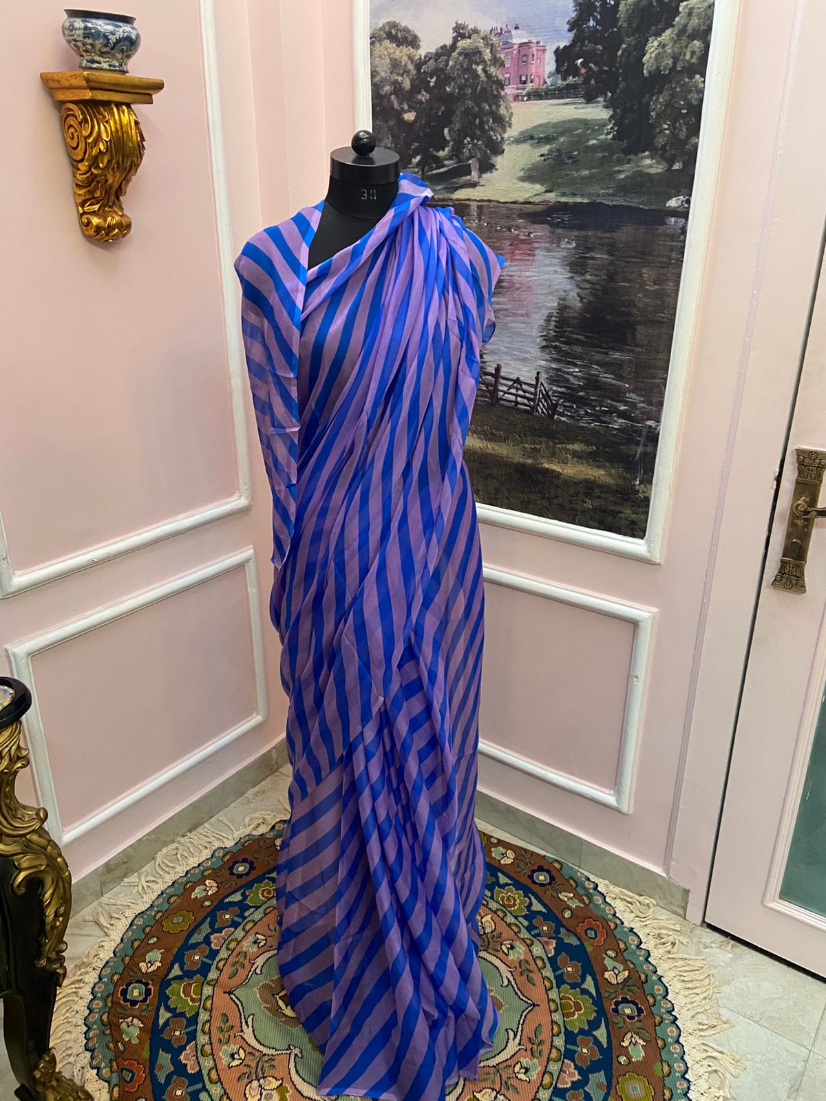Levender blue French Chiffon Lehariya Saree