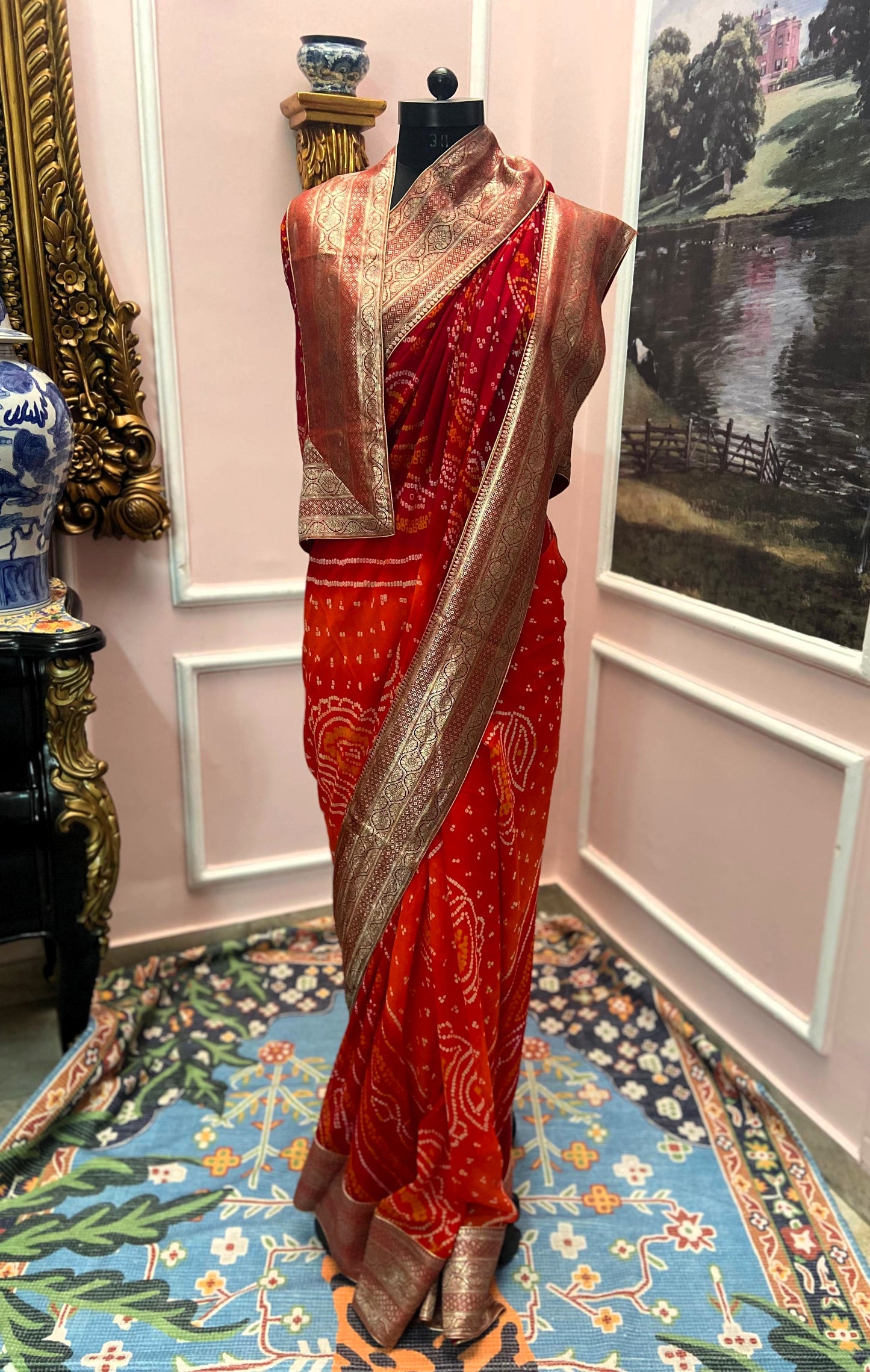 Red orange bandhej antique border saree