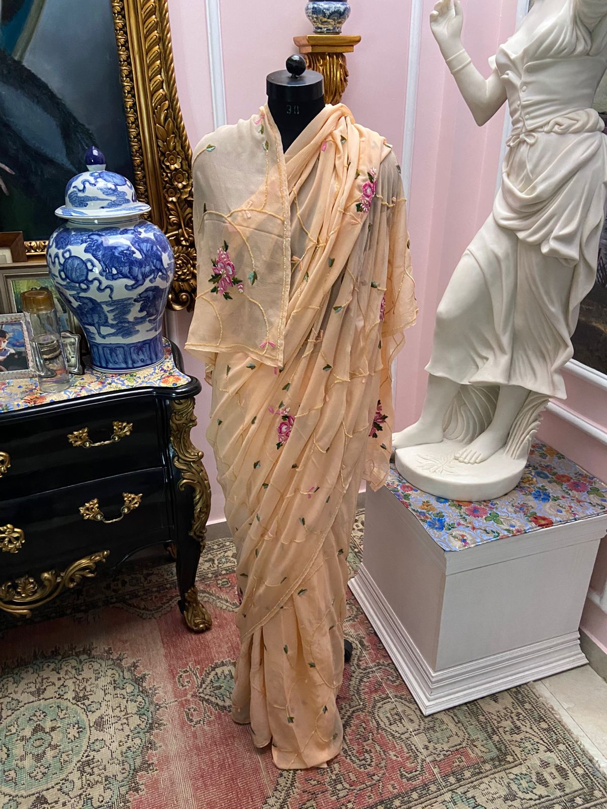 Peach tone chiffon saree with floral motif & sequin jaal