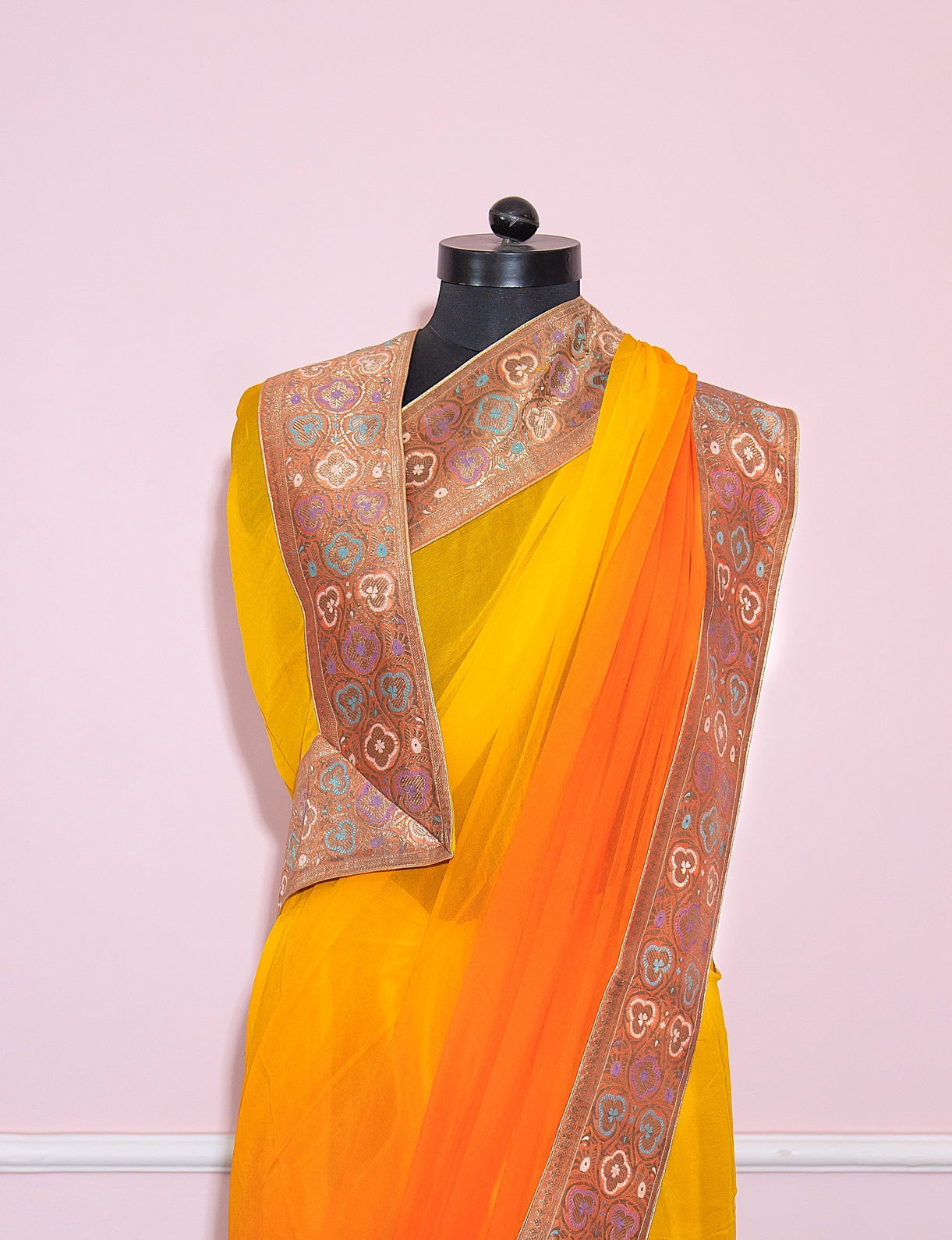 Yellow to orange ombre antique border saree