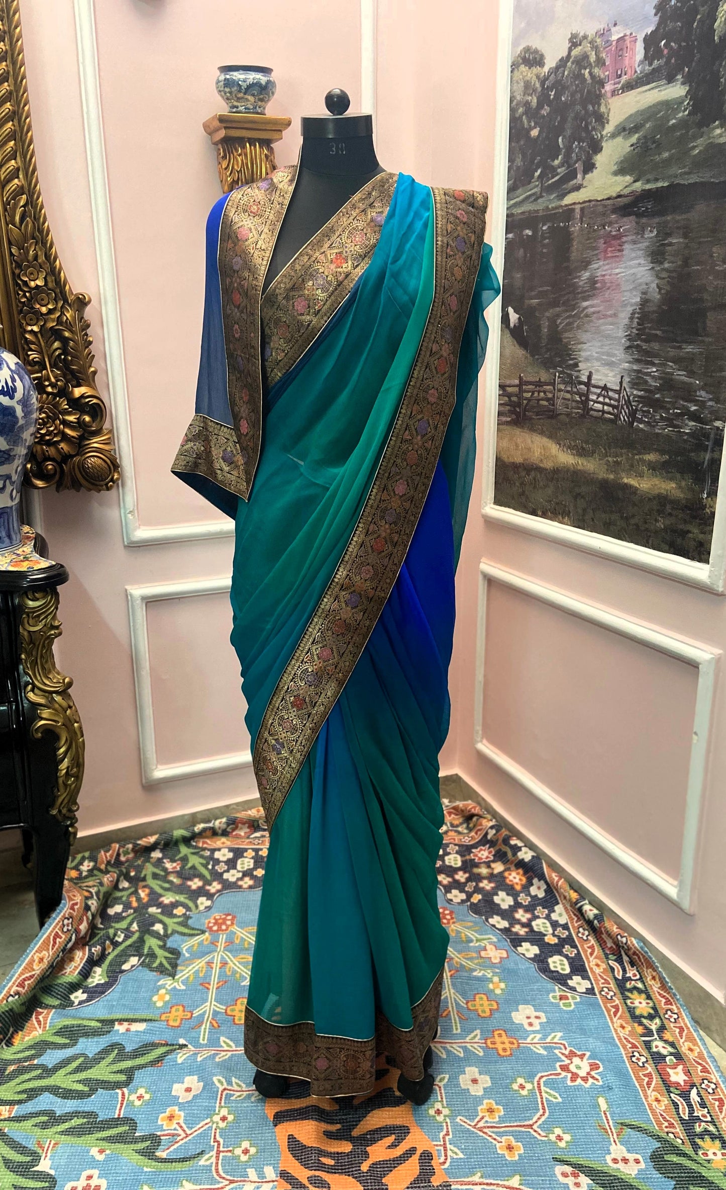 Dual-Tone Blue–Green antique border saree
