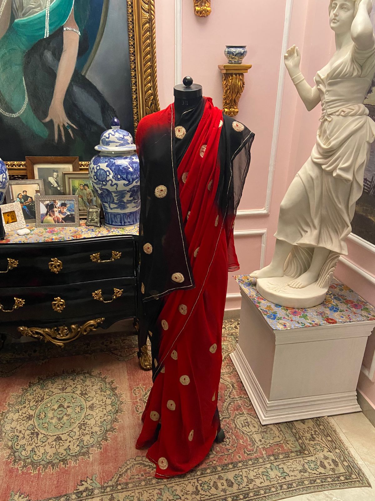 Red & Black shaded saree with applique buti