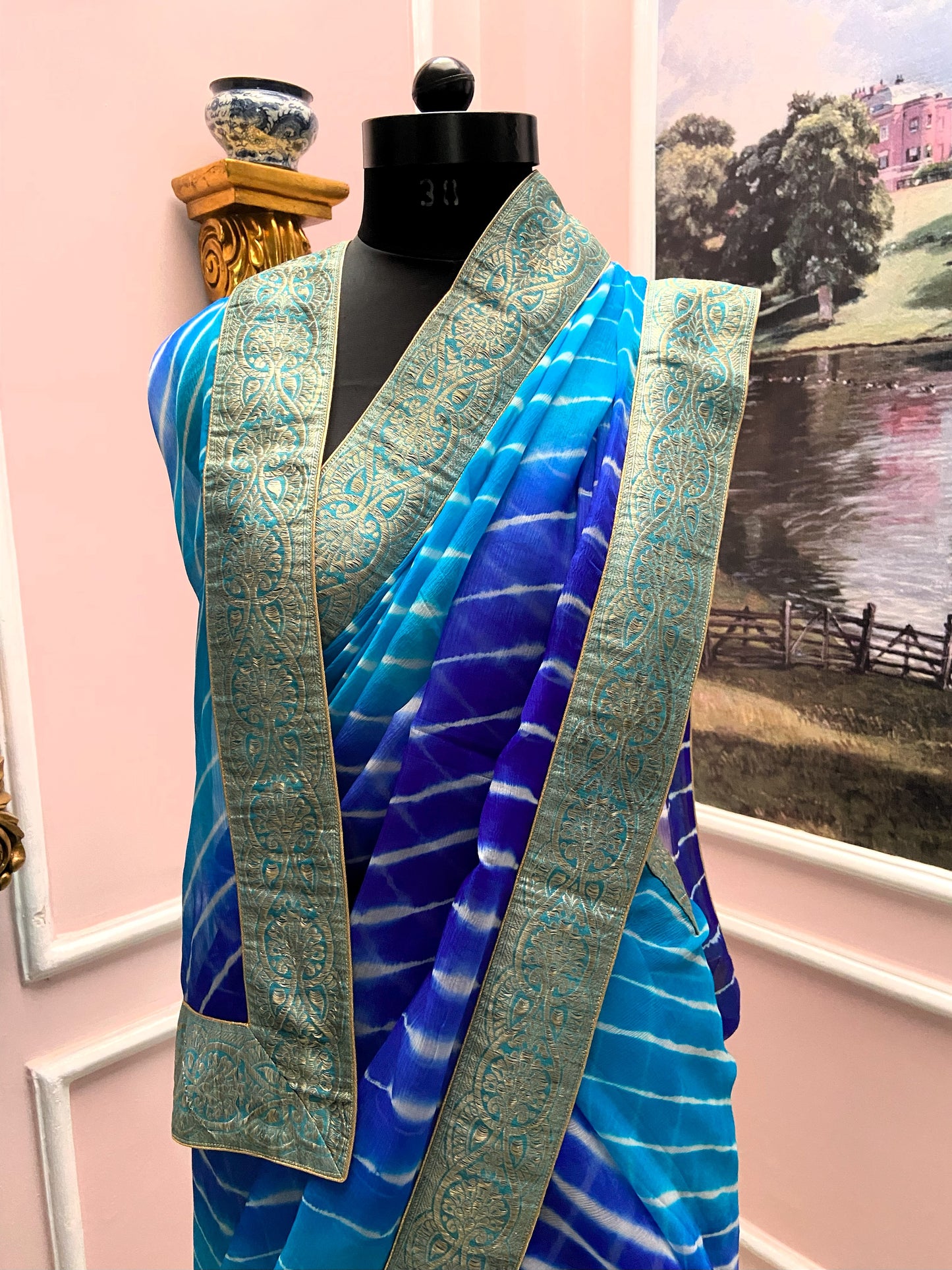Blue Lehariya antique border saree