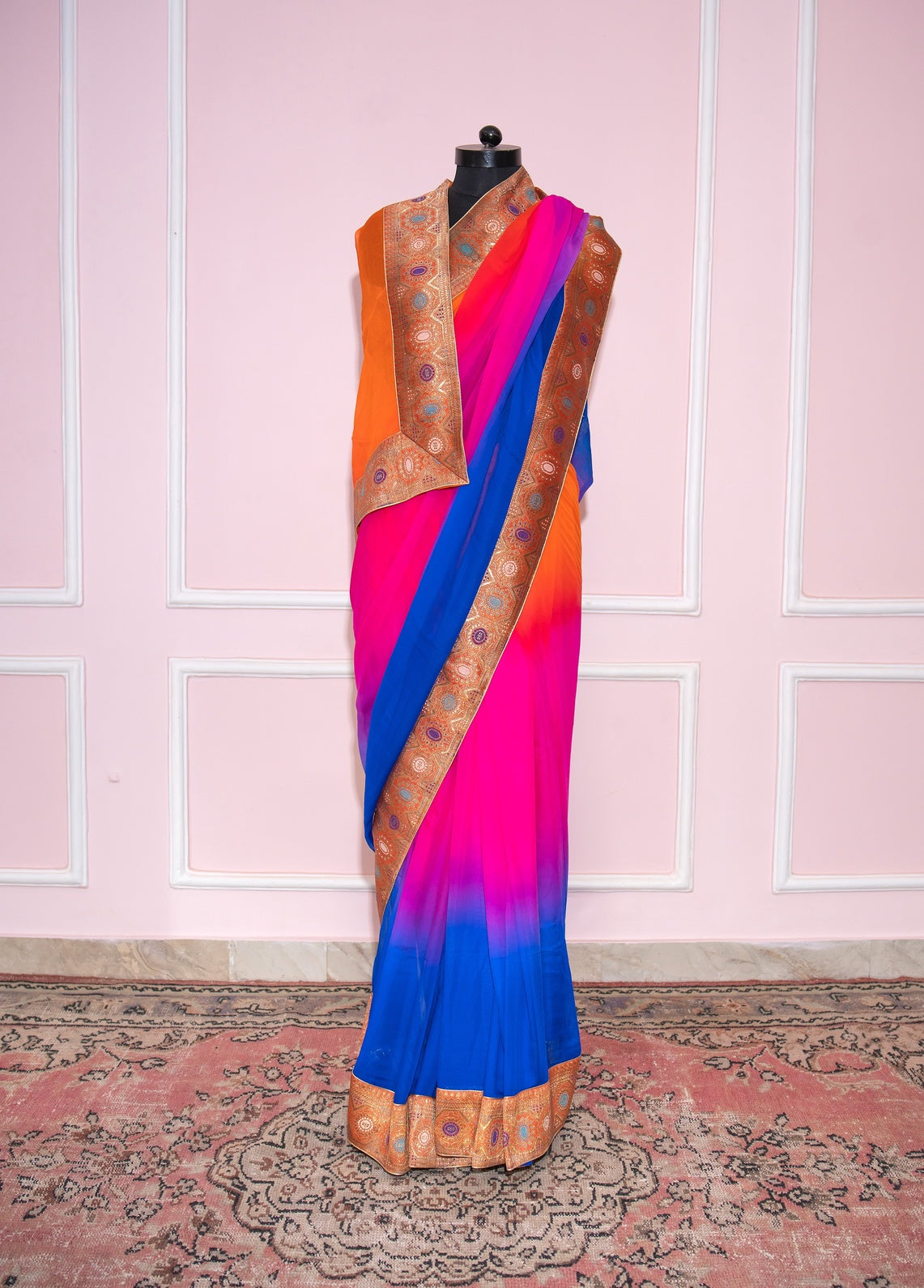 Orange to pink & blue shaded antique border saree