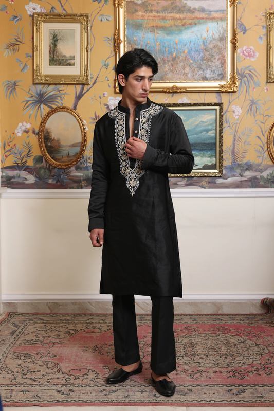 Black Embroidered Raw Silk Kurta and pants