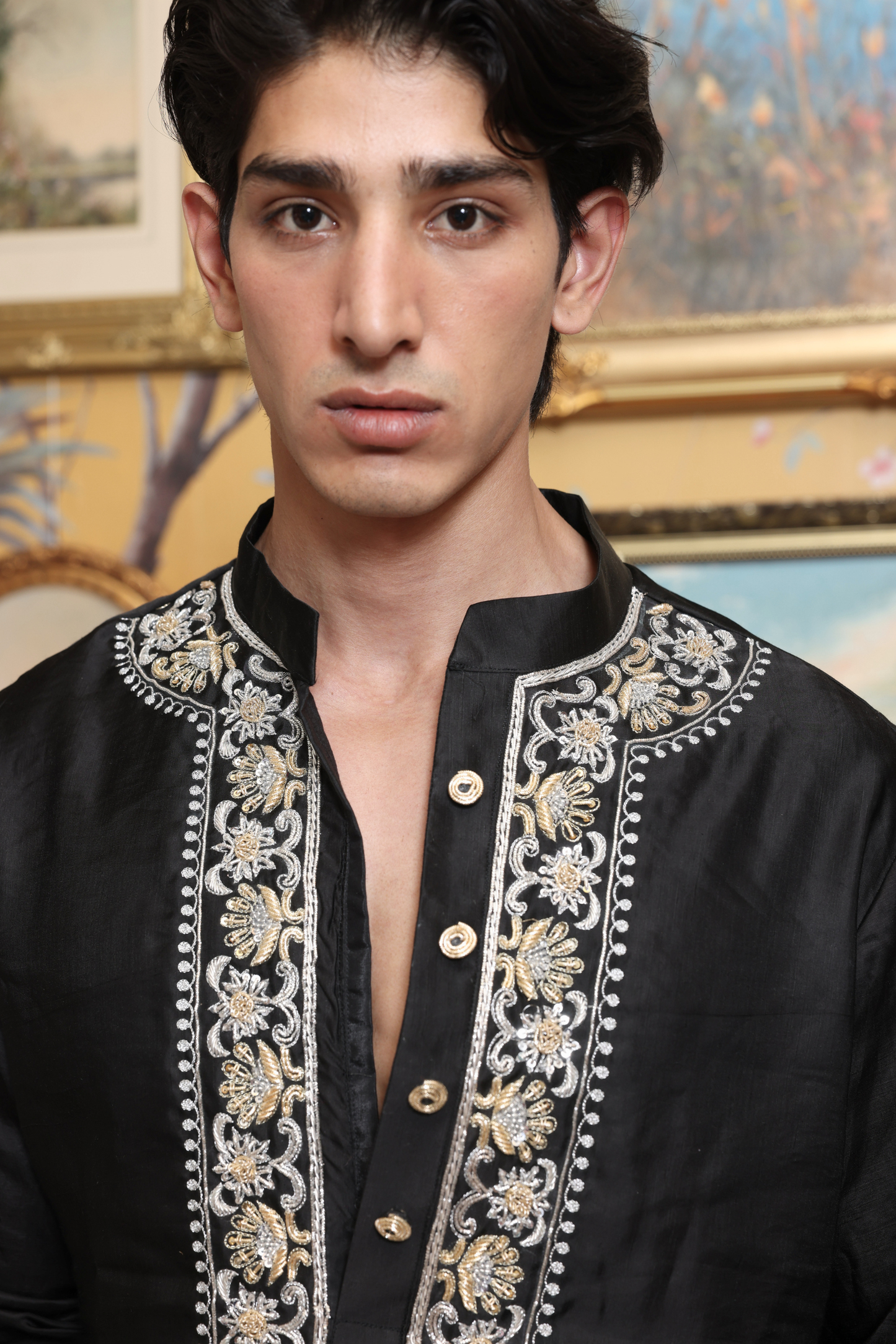 Black Embroidered Raw Silk Kurta and pants