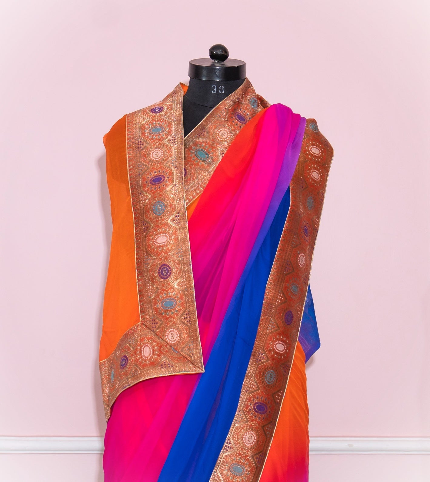 Orange to pink & blue shaded antique border saree
