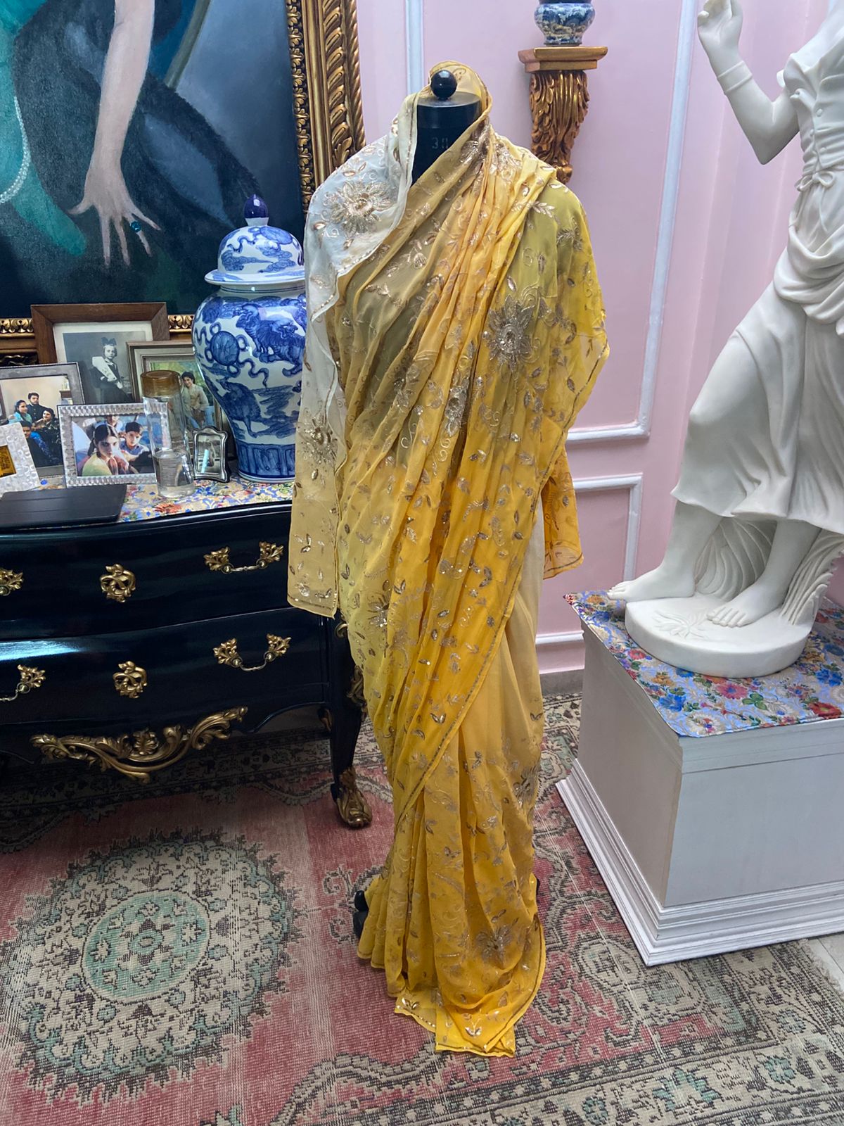 Ombre yellow shaded chiffon saree with jaal all-over