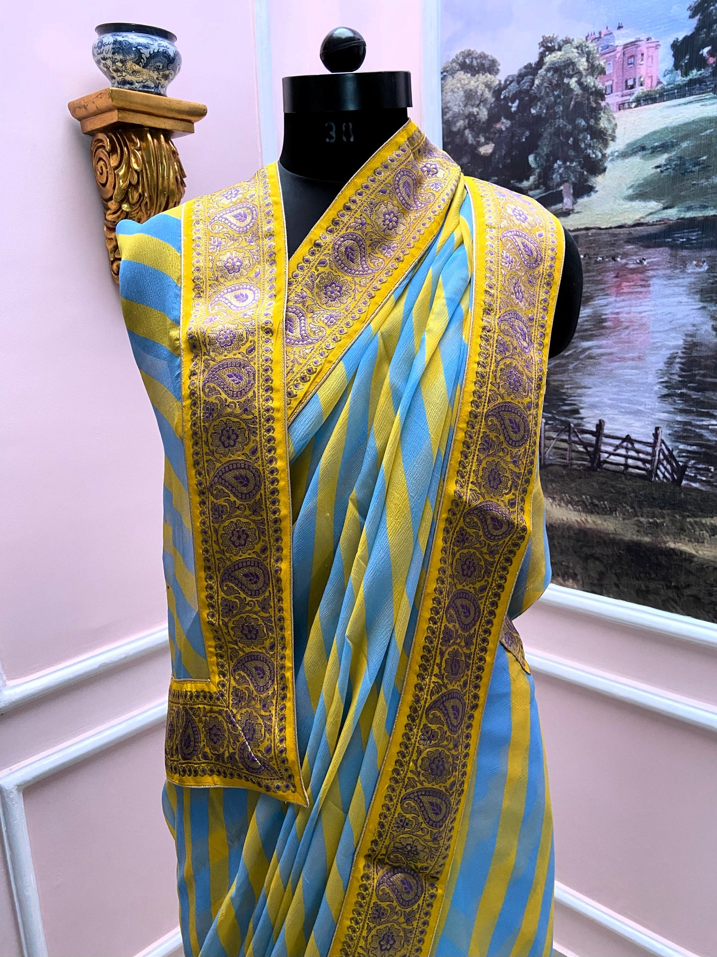 Blue Yellow lehariya antique border saree