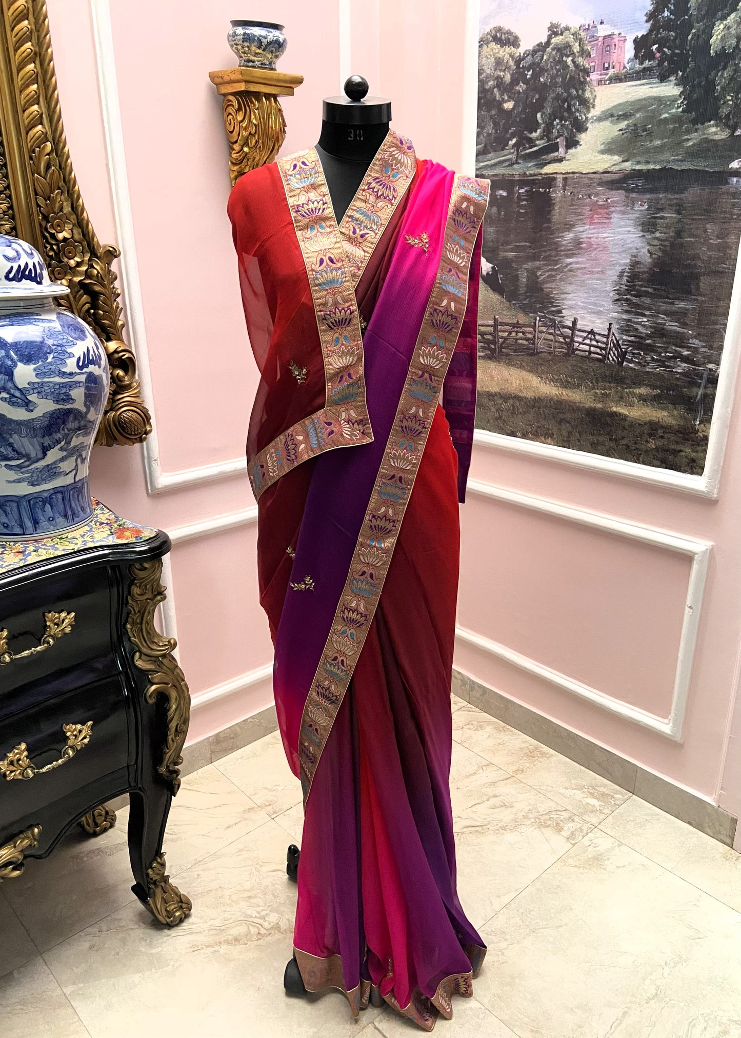 Red rani shaded antique border saree