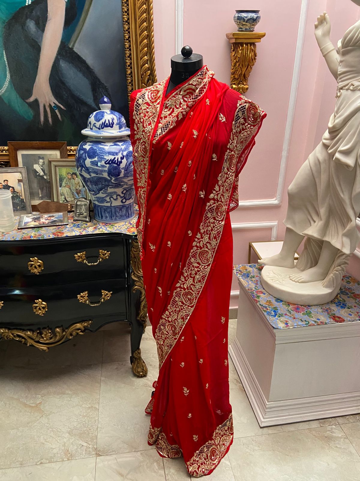 Single tone Red chiffon with cutwork & sequin border & buti