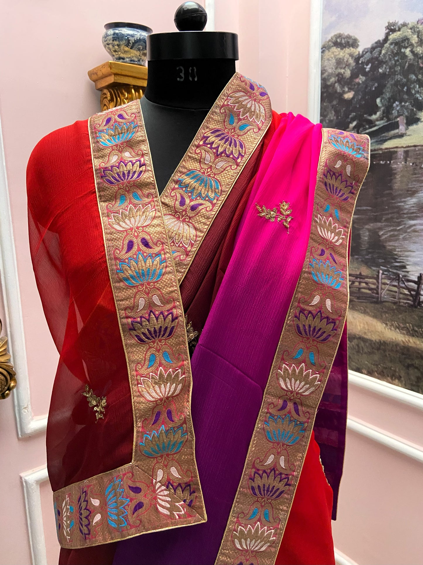 Red rani shaded antique border saree