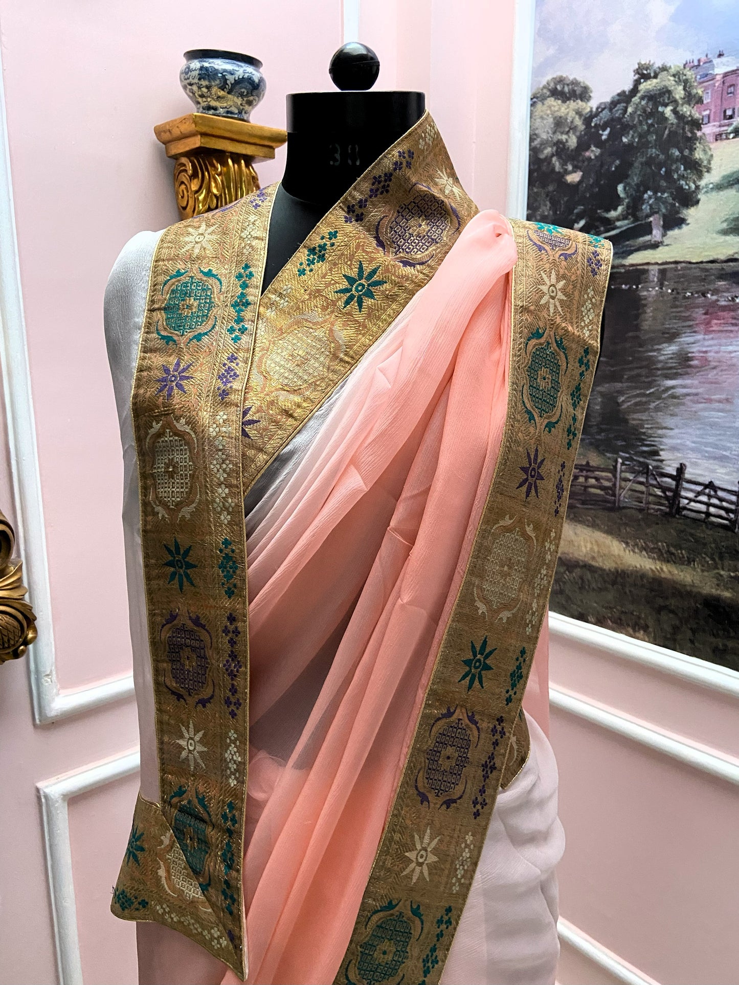 Peach ombre antique border saree