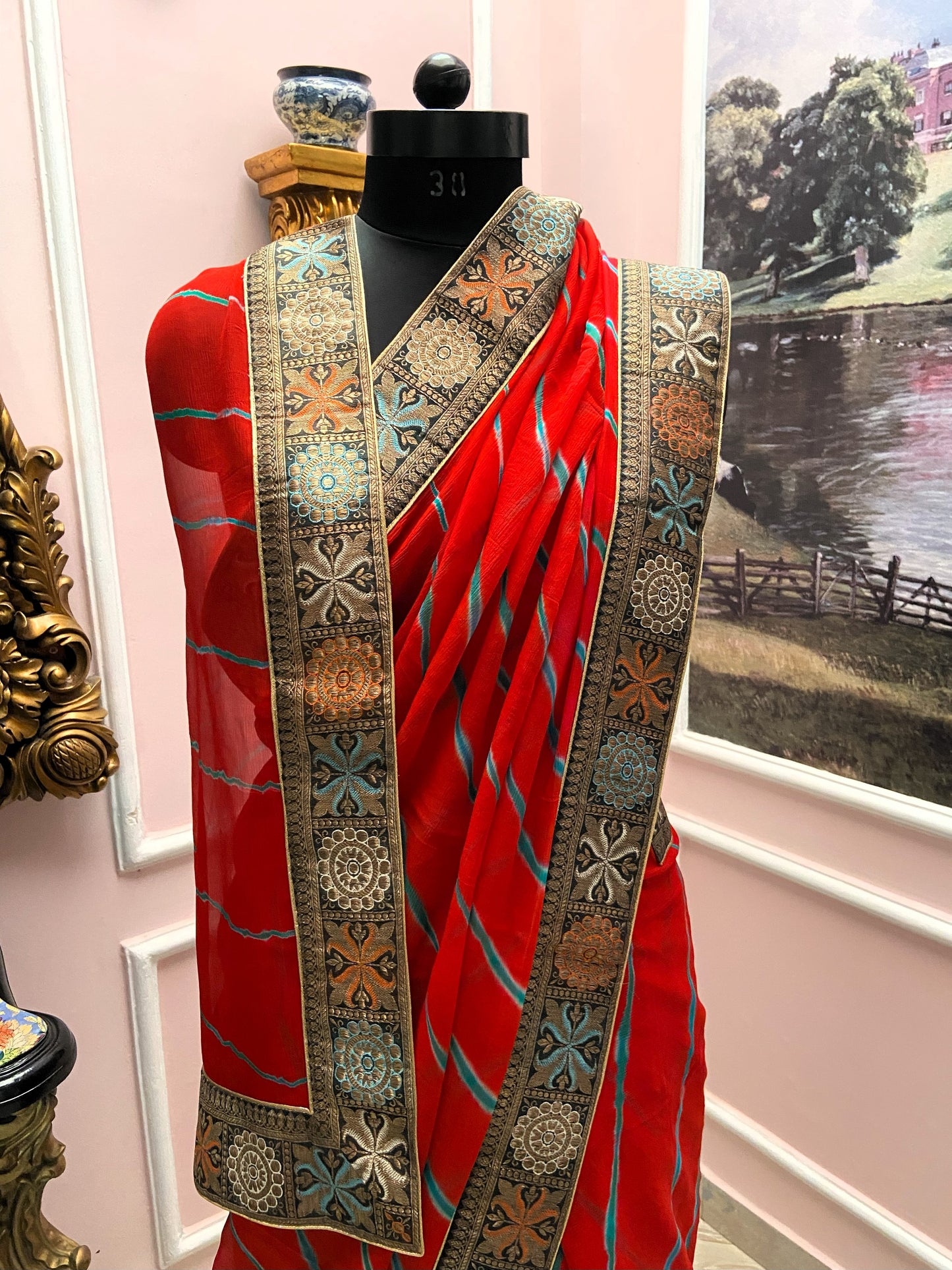 Red lehariya antique border saree