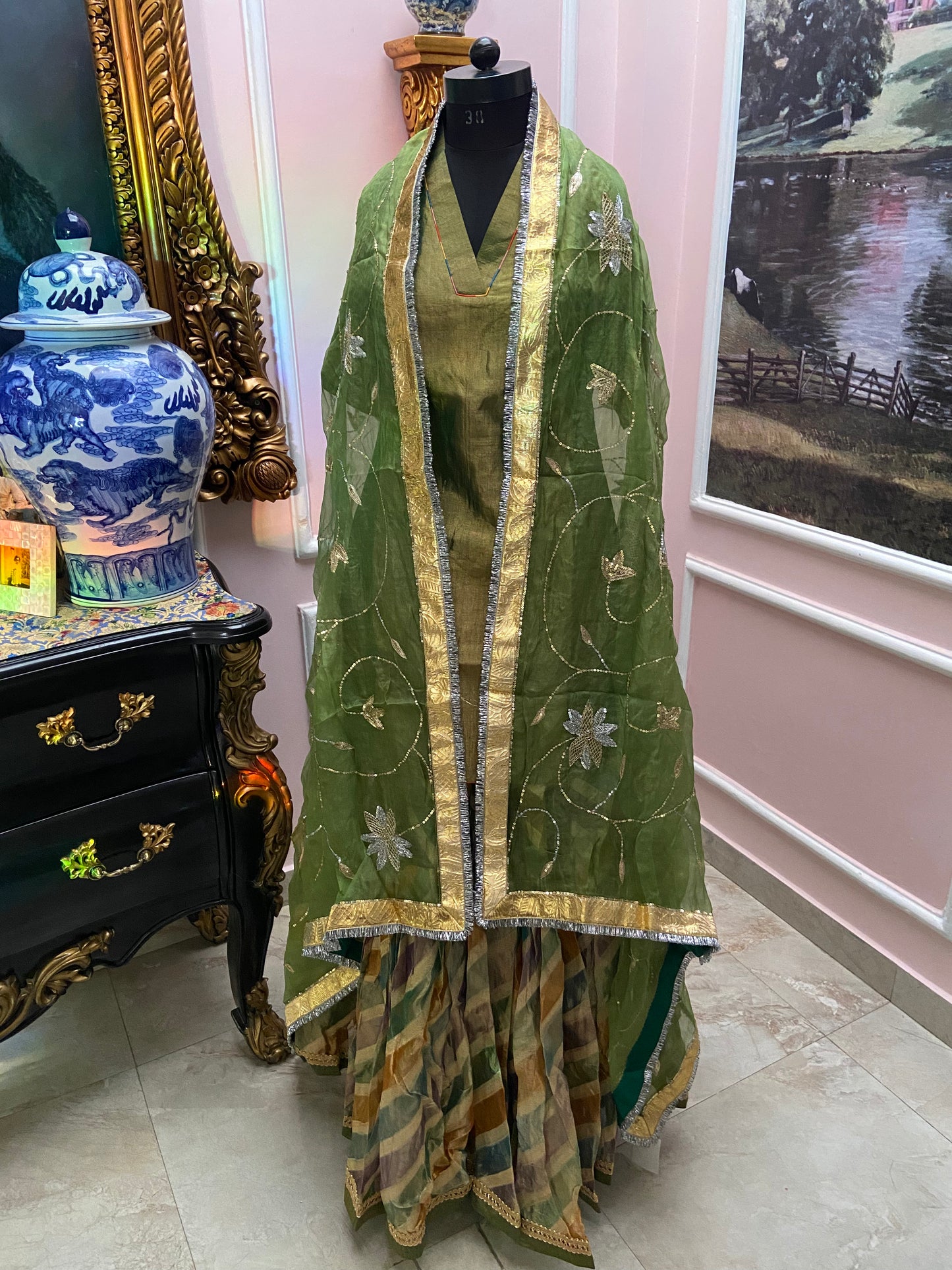 Olive green multicolor garara set