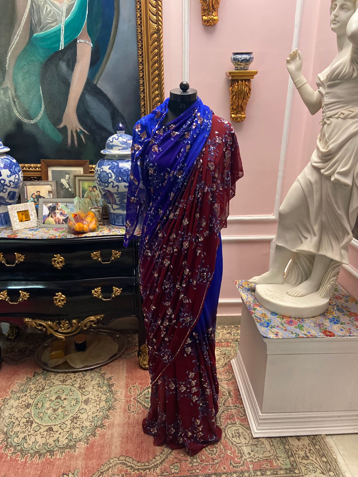 Cobalt Blue to wine shaded chiffon saree with sequin jaal all-over