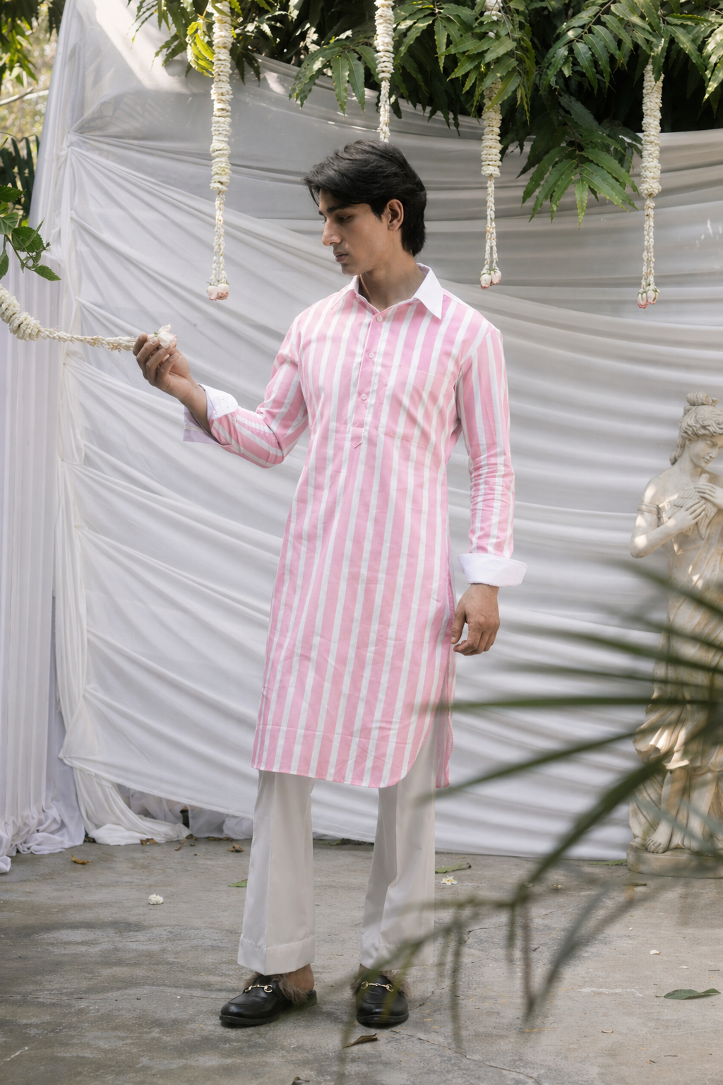 Pink Striped Cotton Kurta for Men