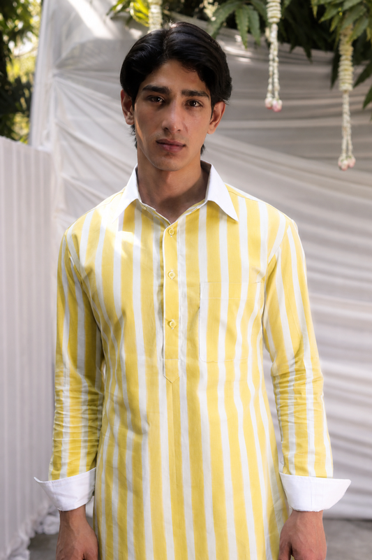 Yellow Striped Cotton Kurta for Men