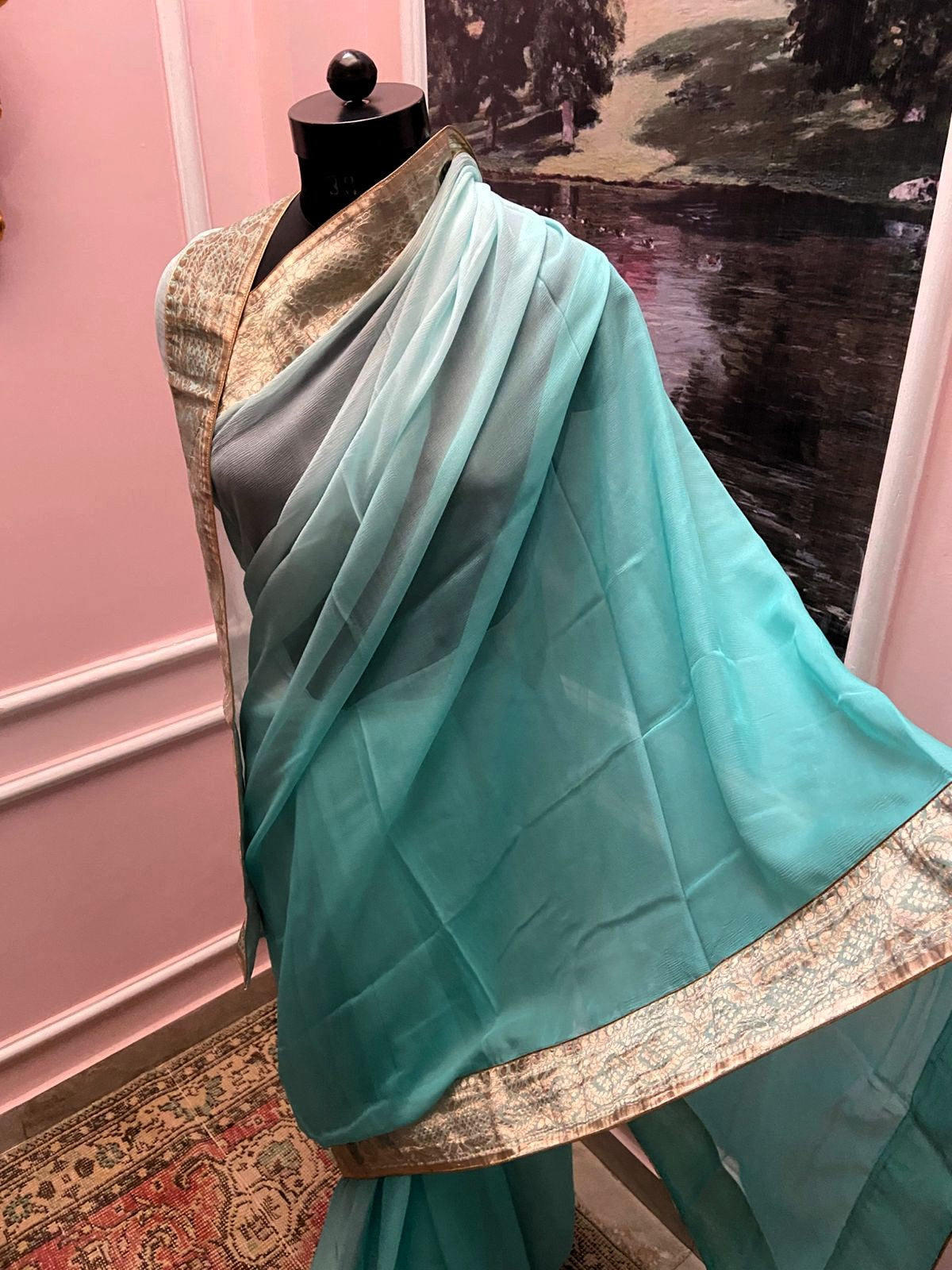 Sea Green Ombre Antique Border Saree