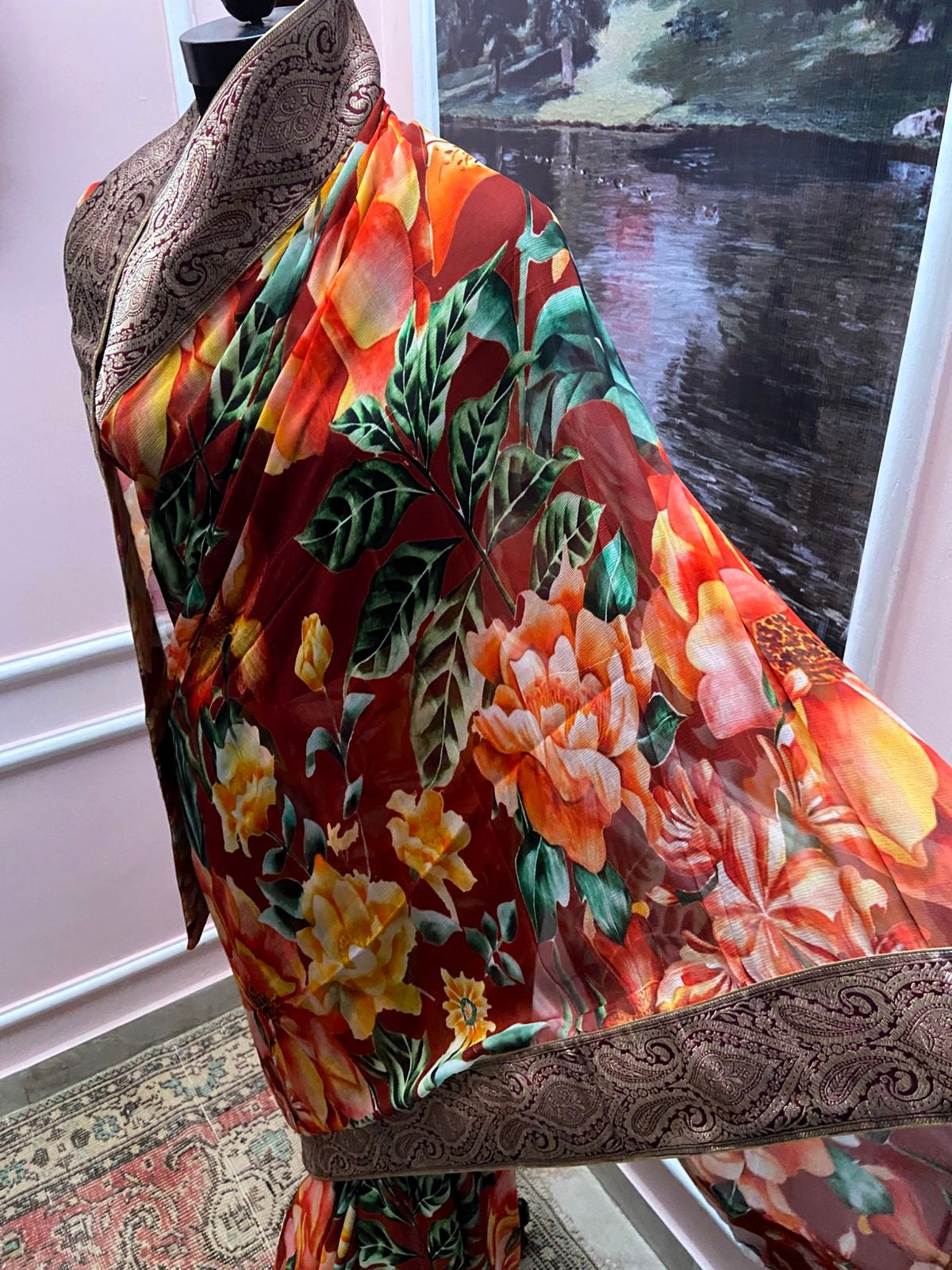 Red Pastel Printed Antique Border Saree