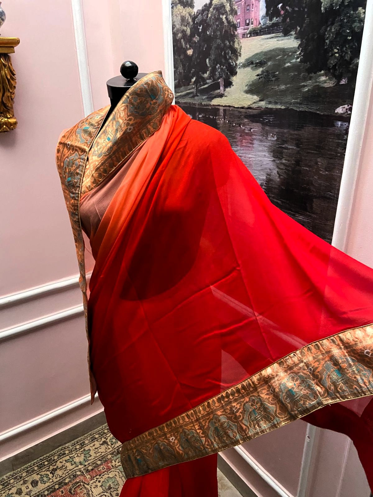 Red Orange Shaded Antique Border Saree