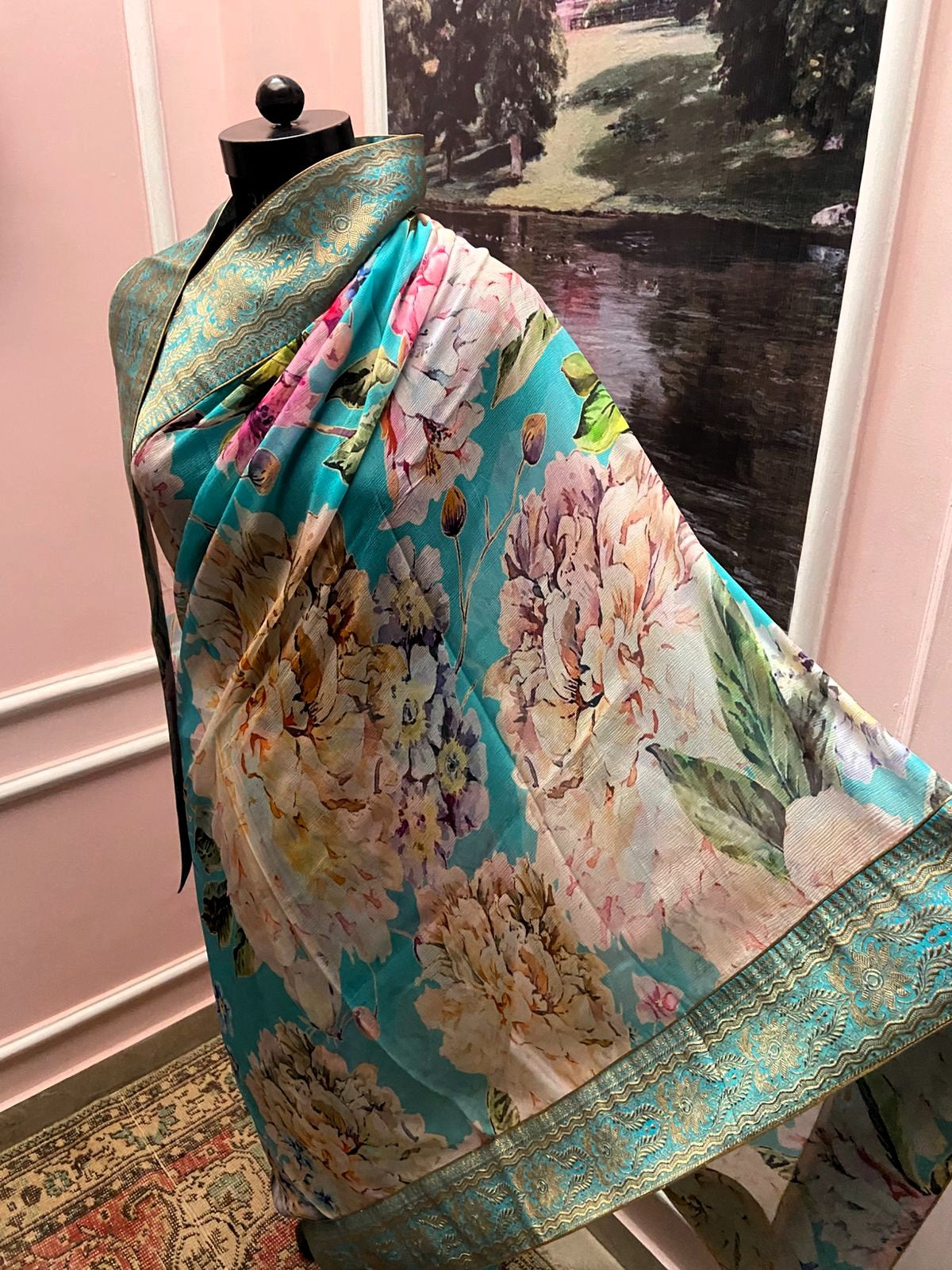 Turquoise Floral Printed Antique Border Saree