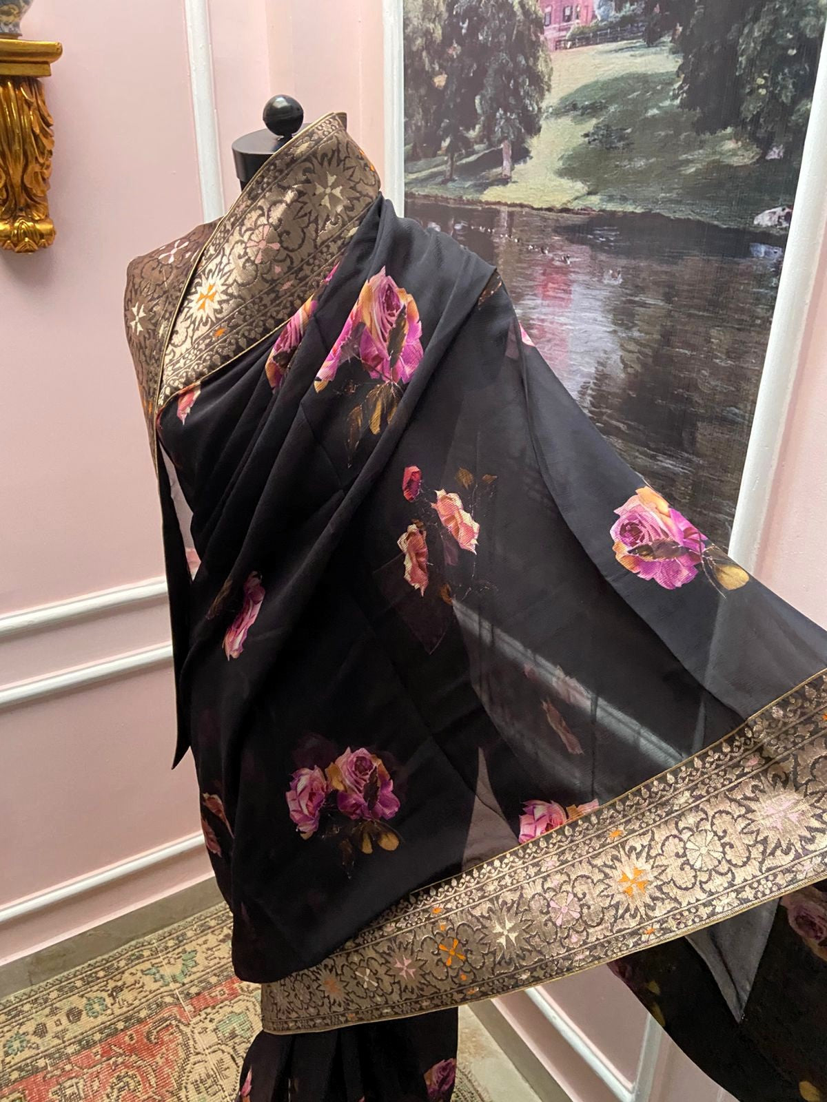 Black Charlotte Floral Printed Antique Border Saree